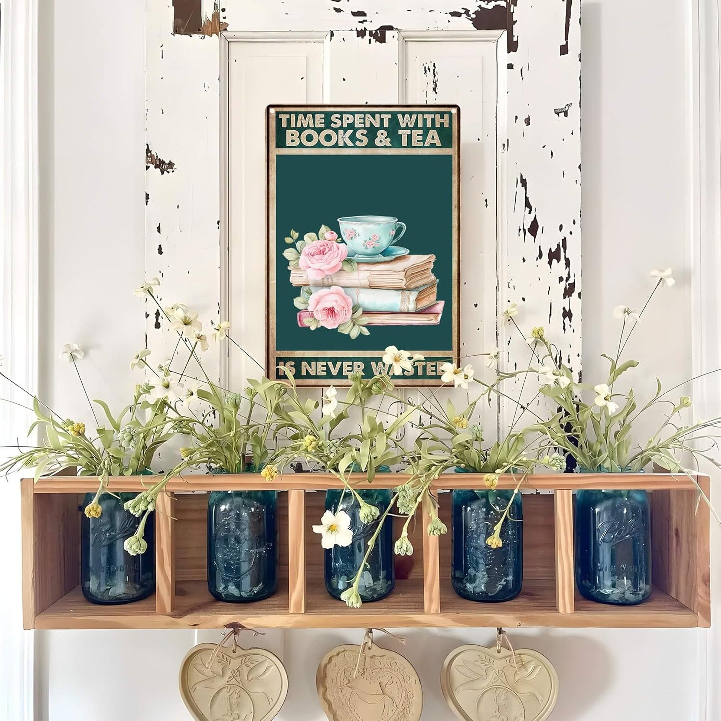 Positive Reading Posters Vintage Book Sign for Book Nook Home Kitchen Wall Art Decor Cozy - Time Spent With Books & Tea Is Never Wasted, 8X12 Inches