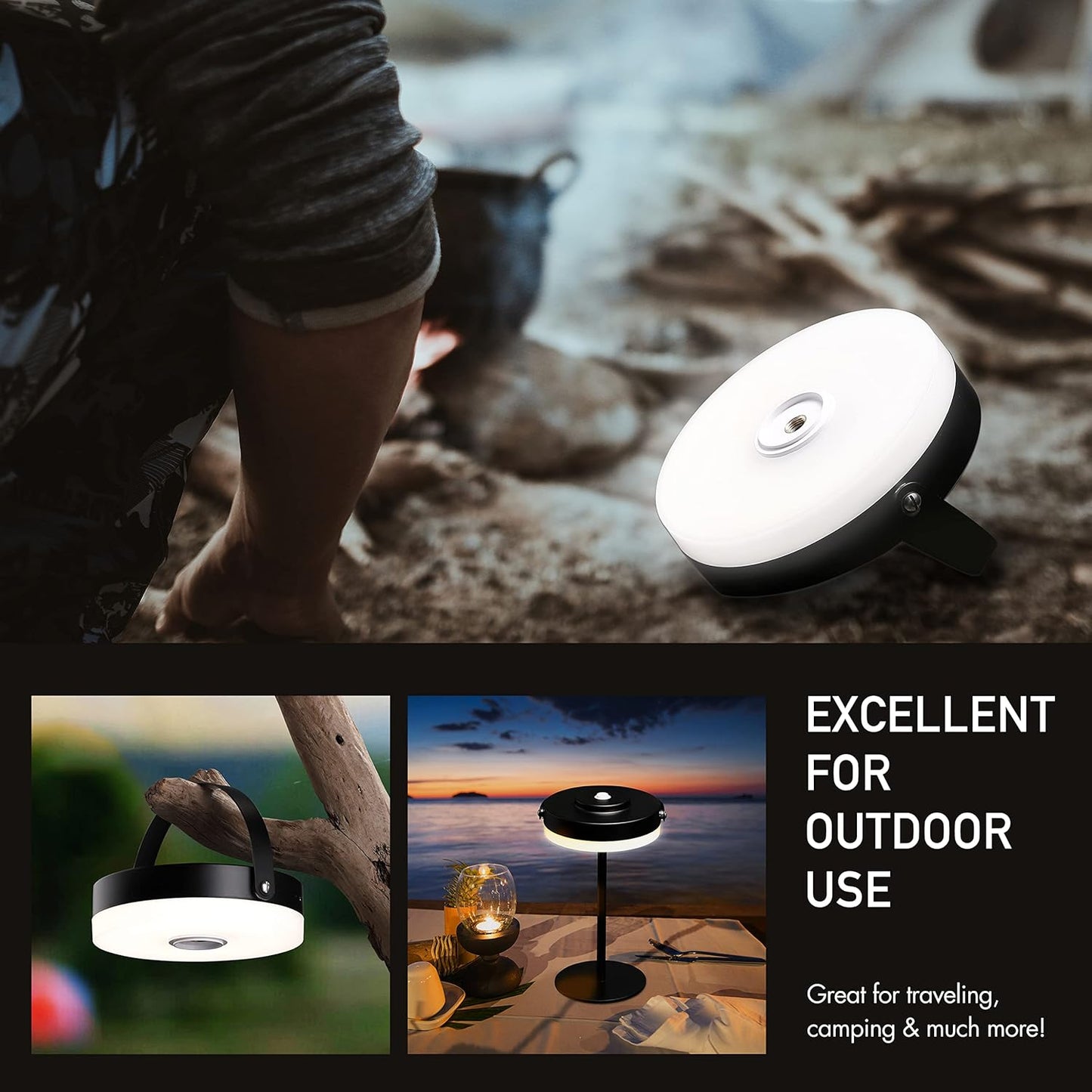 O’Bright Thurlow - Portable LED Lamp for Outdoor/Indoor, Built-in Rechargeable Battery, IP44 Water Resistant, Adjustable Height, Travel Light, Camping Lantern, Patio Table Lamp, Night Lamp, Black