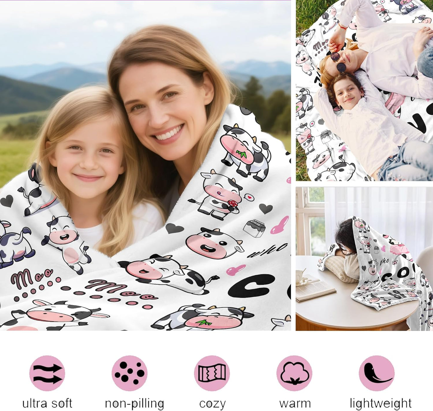 Cow Blanket Gifts for Girls Women Cow Gifts for Cows Lovers Soft Cozy Flannel Cows Print Throw Blanket Birthday Bedding Decor for Kids Adults 60"X50"