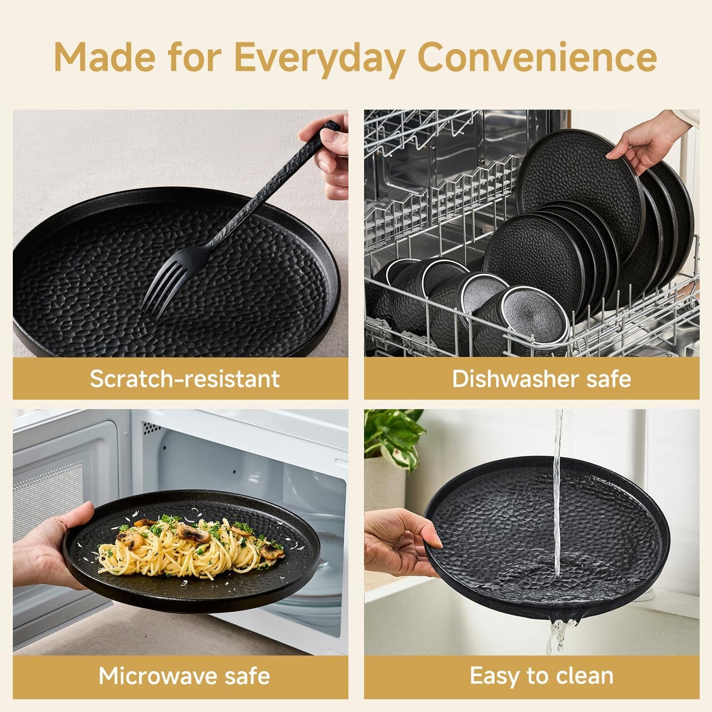 KINGSTONE Ceramic Dinnerware Set, 18-Piece Porcelain Plates and Bowls Set for 6, Matte Black or White, Hammered Texture, Microwave, Dishwasher & Oven Safe, Perfect for Home, Weddings & Gifts