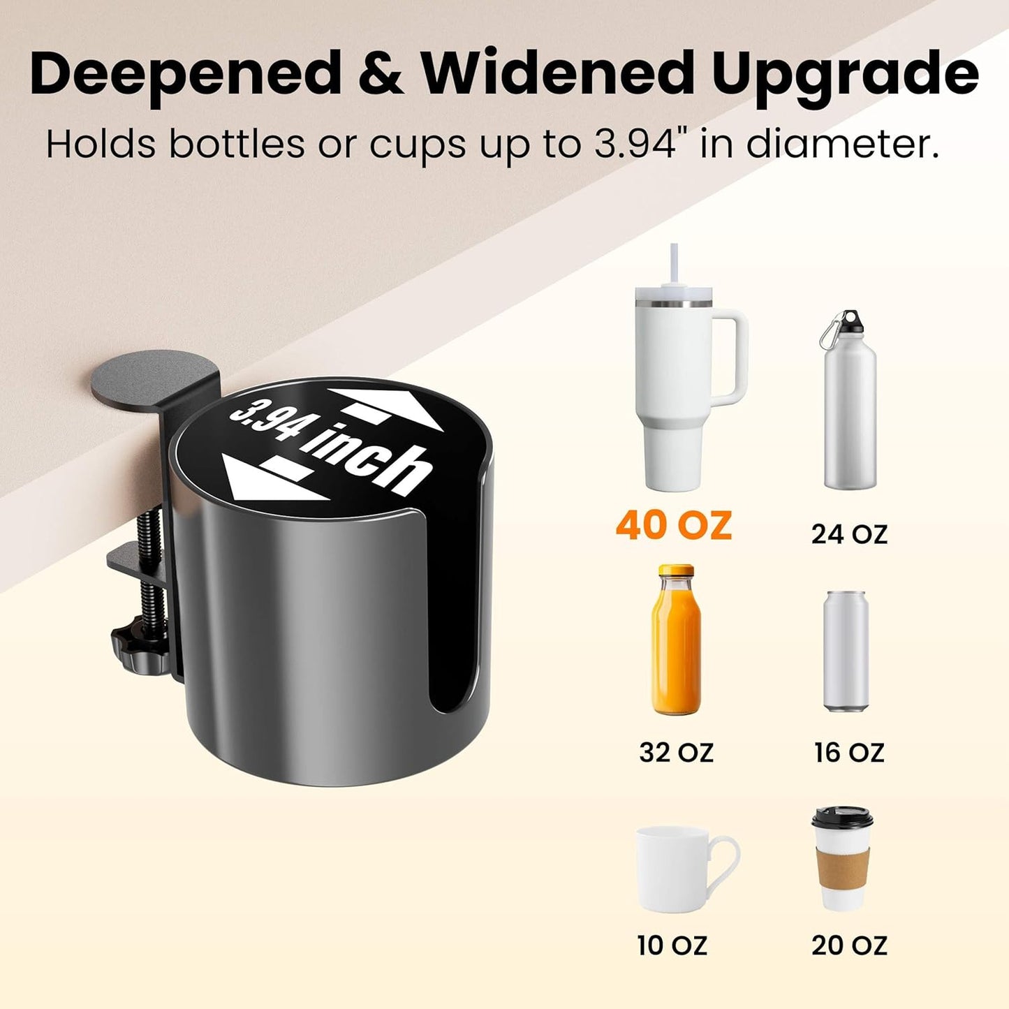 Yinqster 360° Deep Desk Cup Holder with Extra Wide Clamp, Anti-Spill Clip on Cup Holder for Desk, Rotating Table Mug Holder for Office & Gaming Accessories to Hold Stanley YETI Bottles, Bottle Racks