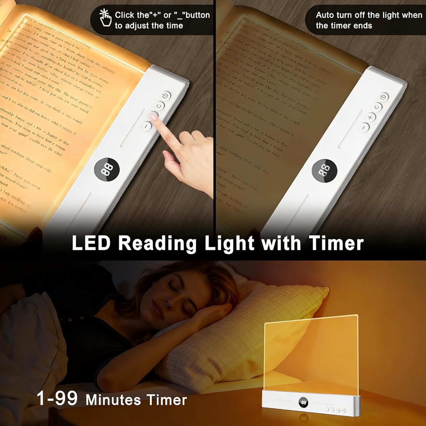 Smart Flat Book Light, Rechargeable Clear LED Reading Light with 3 Colors & Timer, Flat Reading Lamps for Book, Dimmable Full Page Panel Plate Lamp, Kids Eye Protection for Night Reading in Bed
