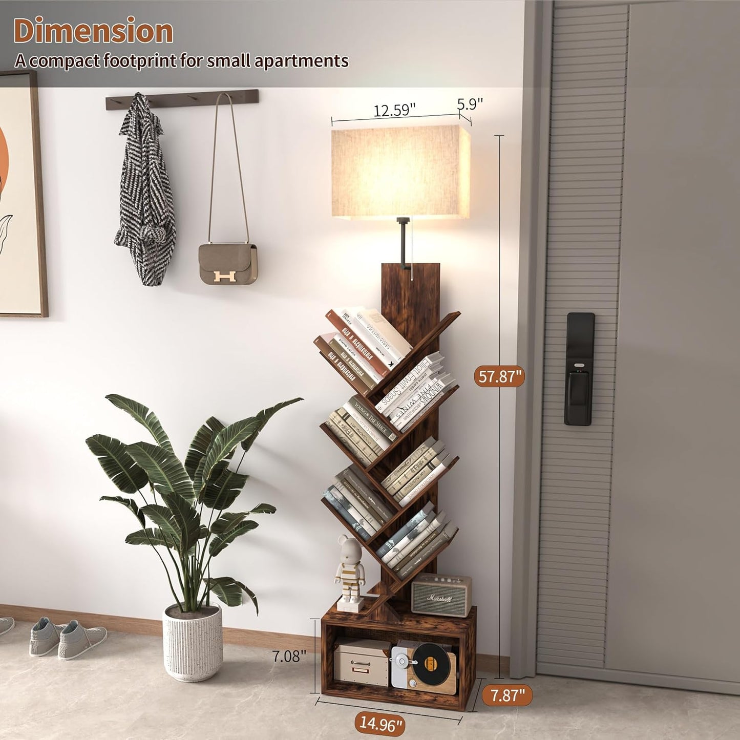 3-Tier Tree Bookshelf with 3-Color LED Lights, Small Narrow Tall Floor Standing Bookcase with Storage Organizer, Rustic Brown Book Shelf for Living Room, Bedroom, Home Office