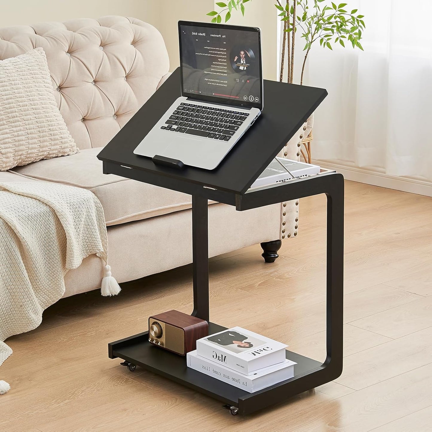 Black Side Table - C Shaped End Table for Couch, Wooden Small Black End Table for Living Room, Couch Tables That Slide Under Sofa, Rolling Side Table with Wheels for Bedroom, Sofa Tray for Laptop