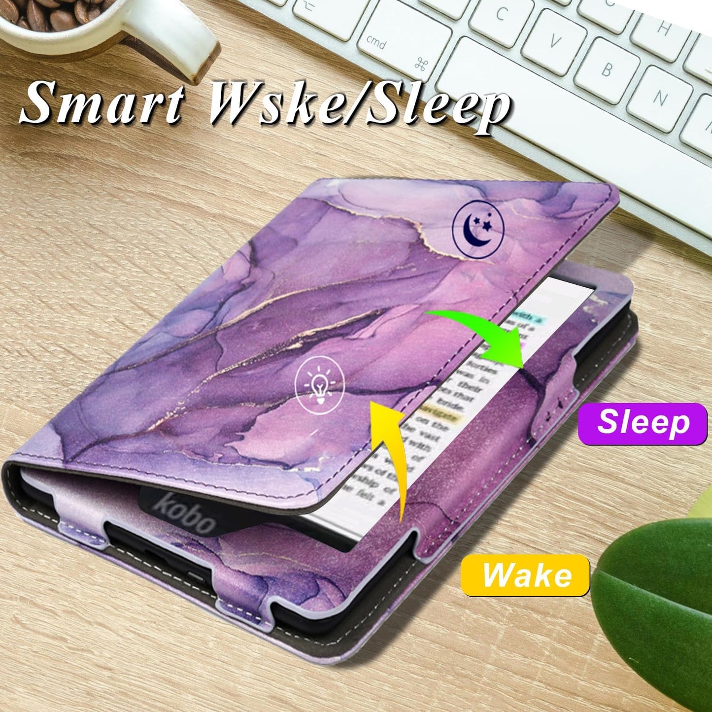 Stand Case for 6" Kobo Clara Colour/Clara BW (2024)/Clara 2E (2022)/Tolino Shine Color/Shine 5/Shine 4,Durable PU Leather Cover with Auto Sleep Wake, Card Slot, Hand Strap Feature,Marble Purple