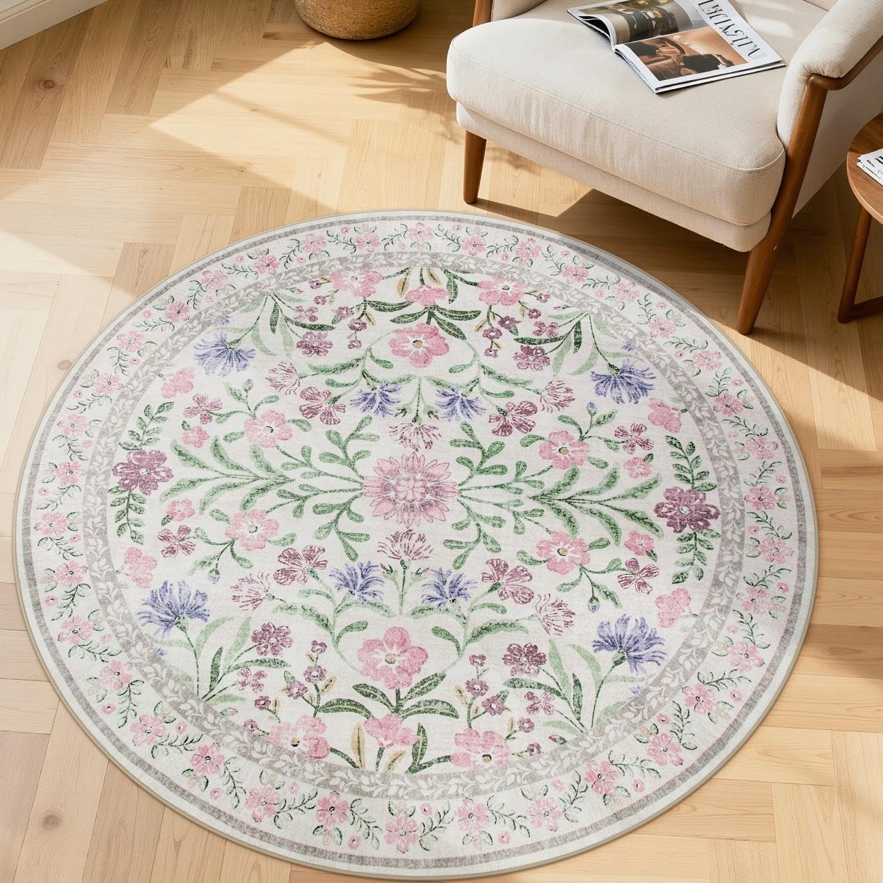 Lahome Sylvie Light Purple 4 ft Round Accent Rug, Small Circular Soft Mat for Nursery & Reading Nook, Machine Washable Low Pile Carpet for Cozy Self-Care Retreat Decor