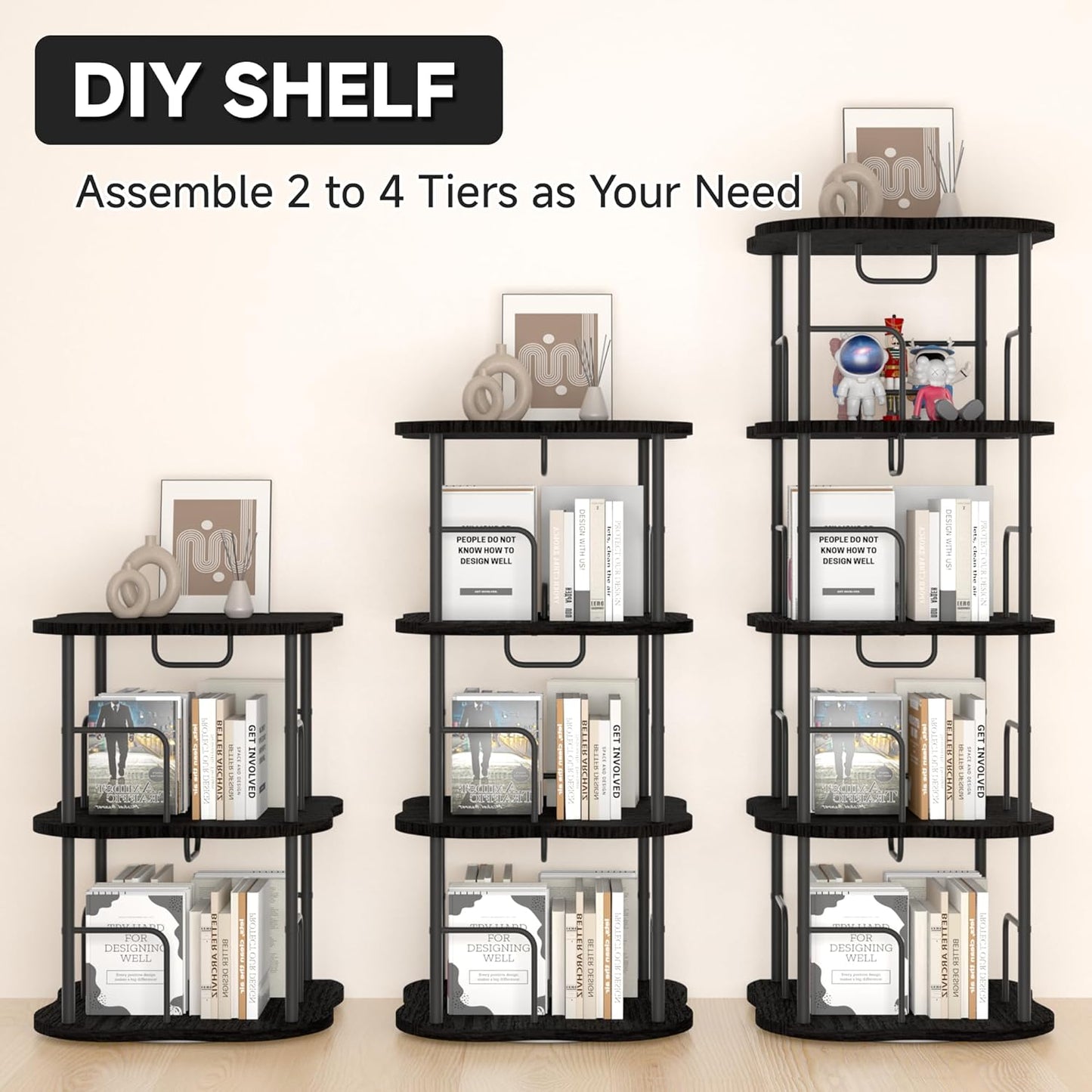4-Tier Rotating Book Shelf, 360° Display Spinning Bookshelf Tower, Book Organizer, Floor Standing Bookcases for Small Space, Corner Book Shelf for Bedroom, Living Room, Study Room (Black)
