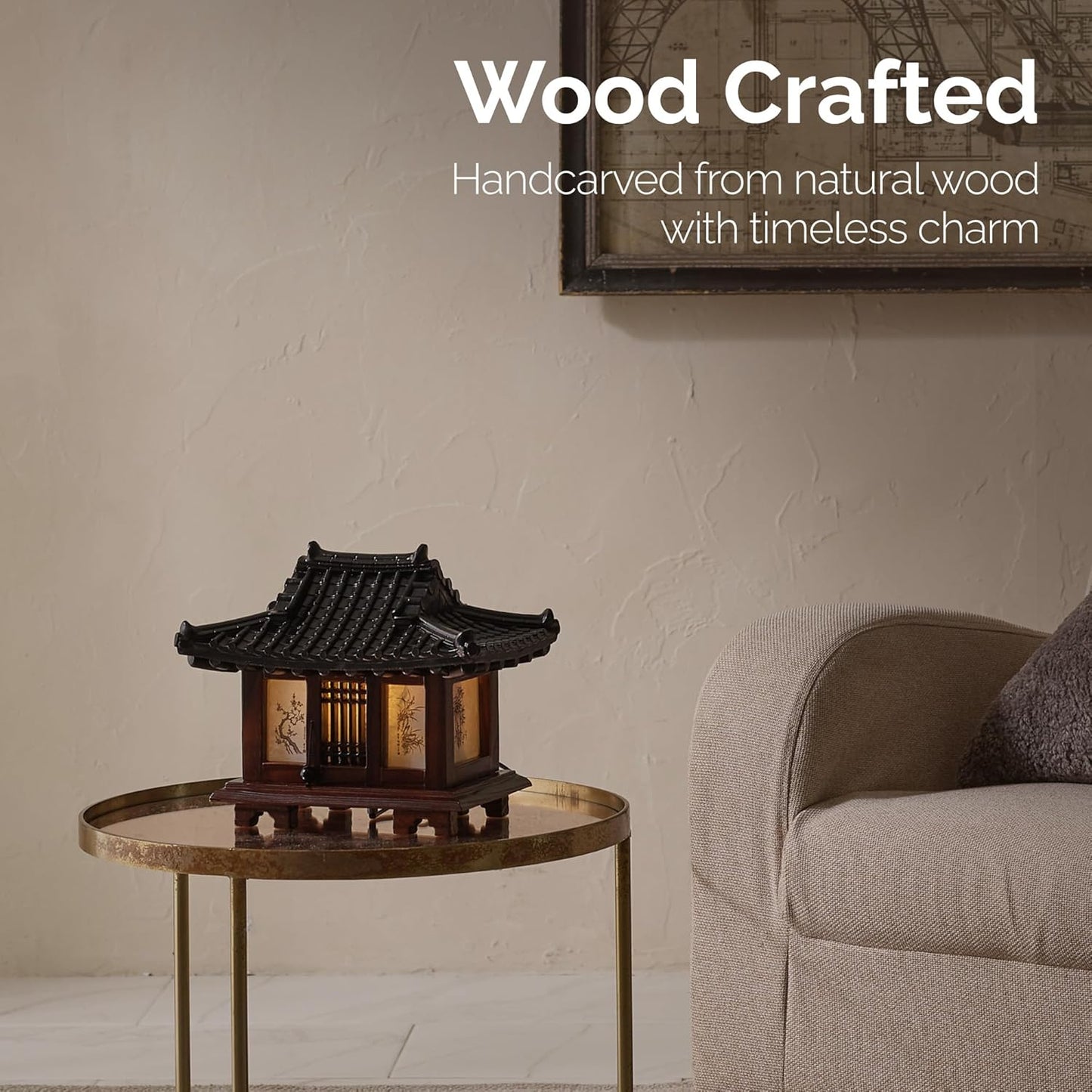 Antique Alive Carved Wood Table Lamp Handmade Traditional Korean Hanok Window Design Vintage Lamp Nightlight Art Home Deco Lantern Brown Asian Oriental Bedside Bedroom Accent Unusual Retro Light