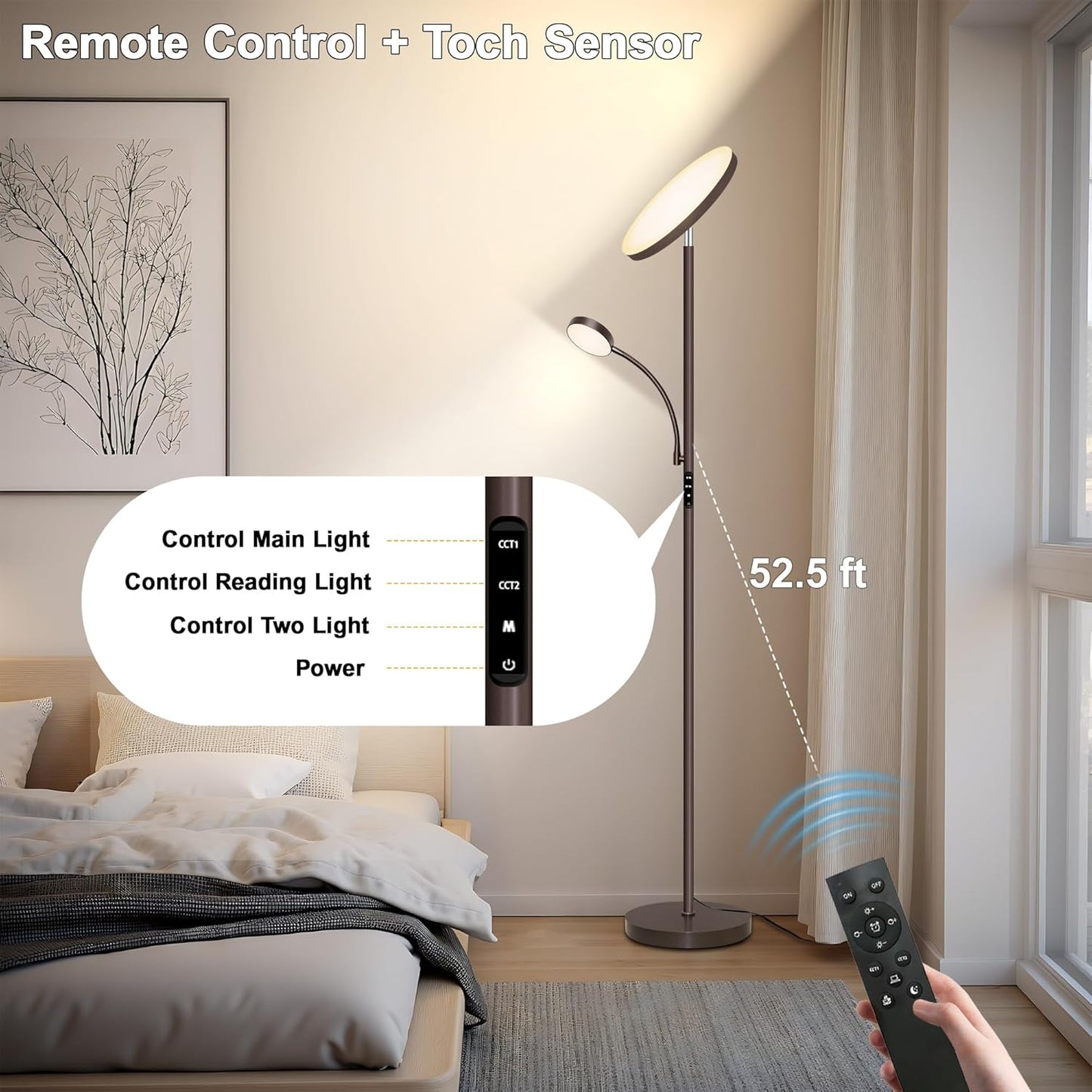 Floor Lamps for Living Room,42W Super Bright LED Floor Lamp,2-in-1 Dimmable Standing Lamp with Reading Light,69'' Tall Lamp with Remote & Touch Control, Modern Floor Lamp for Bedroom,Office