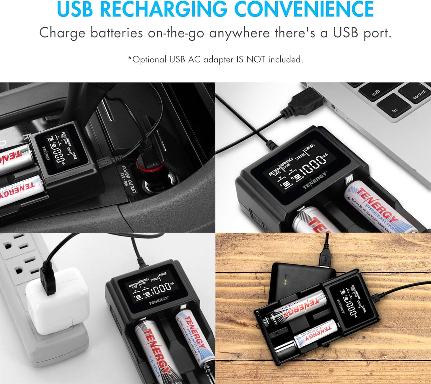 Tenergy TN471U 2-Bay Universal Battery Charger with LCD for Li-ion/NiMH/NiCD Rechargeable Batteries, Micro USB Input, Portable Charger for Batteries Sizes 18650, 16340, 26650, AA, AAA, and More