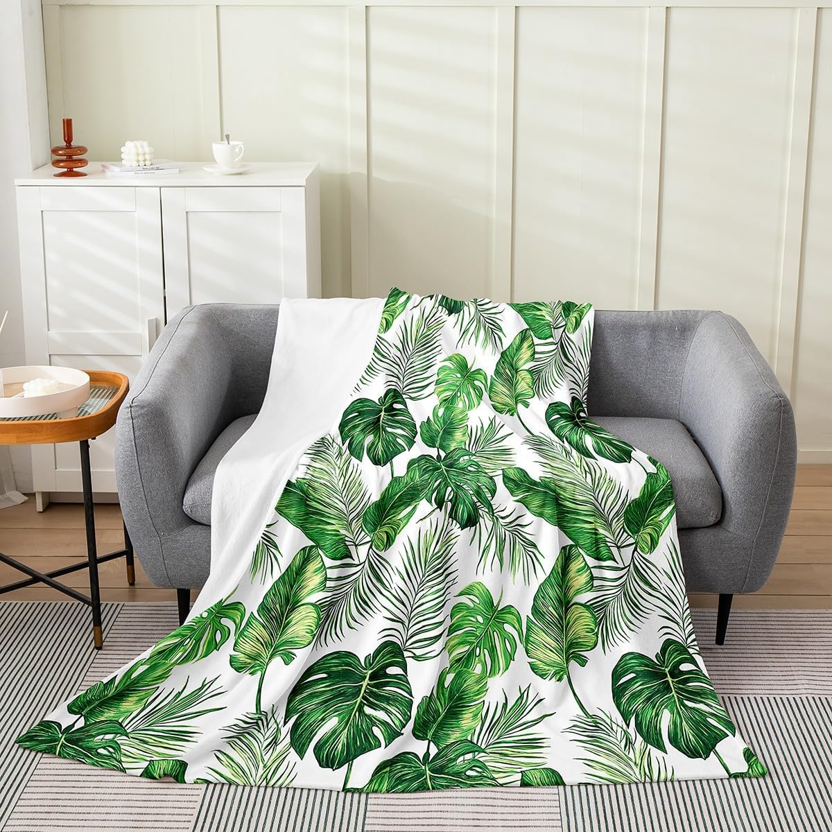 Erosebridal Palm Leaves Throw Blanket 40x50, Green Hawaiian Fleece Blanket All Season, Monstera Banana Leaf Flannel Blanket Living Room Decor, Summer Tropical Leaf Bed Blanket