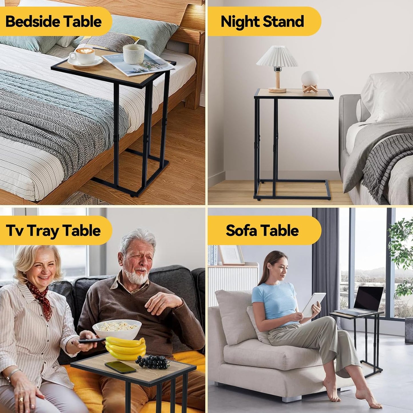 C Shaped End Table - Small Tv Tray Couch Side Table for Small Spaces,Living Room,Bed side,Slide Under Sofa Snack Table Desk for Eatting Dinner,Drink,Adjustable Metal Laptop Stand,Rustic 26'' Tall
