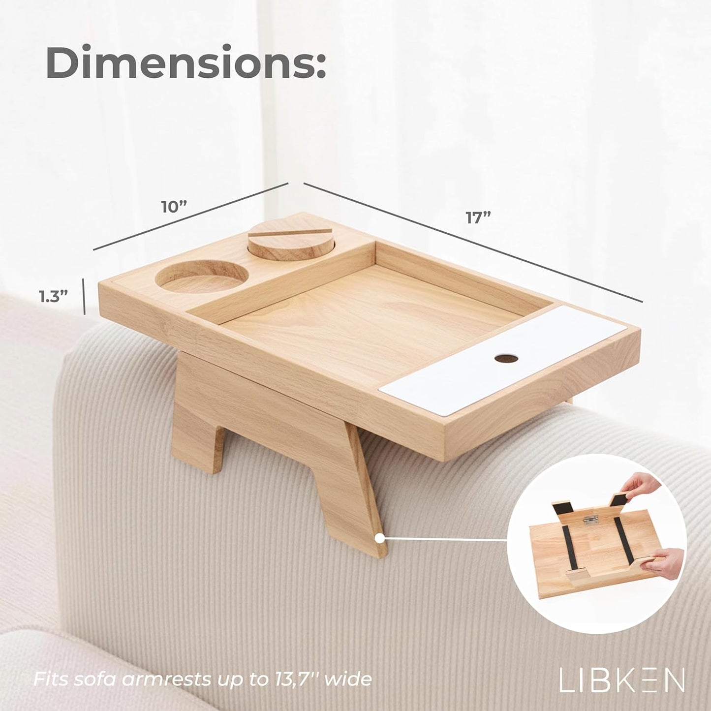 Couch Arm Tray – Rubberwood Sofa Armrest Table with Extra Storage Compartment, Minimal Scandinavian Wooden Design, Fits Multiple Arm Shapes & Sizes – Elegant Couch Armrest Organizer