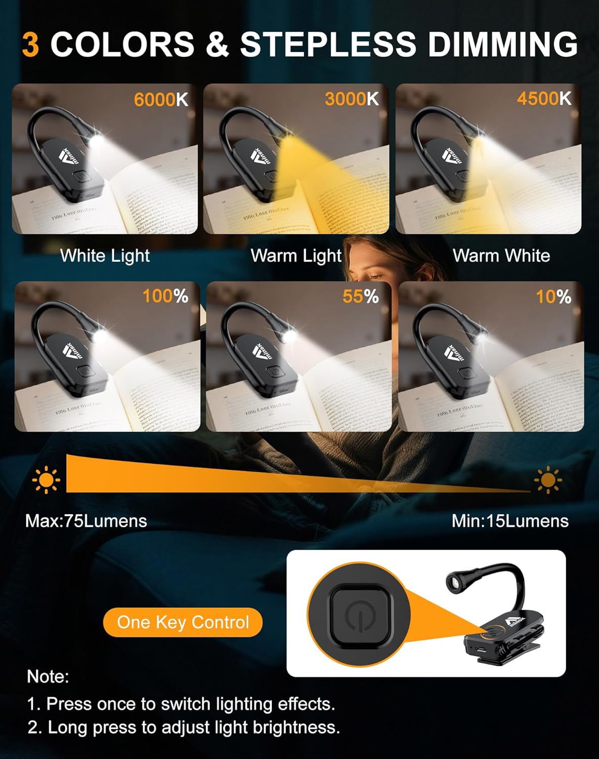 Minsk Book Light, 360° Flexible Book Reading Light, Eye Caring 3 Color Stepless Dimming Brightness Book Lamp, Lightweight Book Light Clip On, Reading Lights for Books in Bed, Book Lovers Gifts