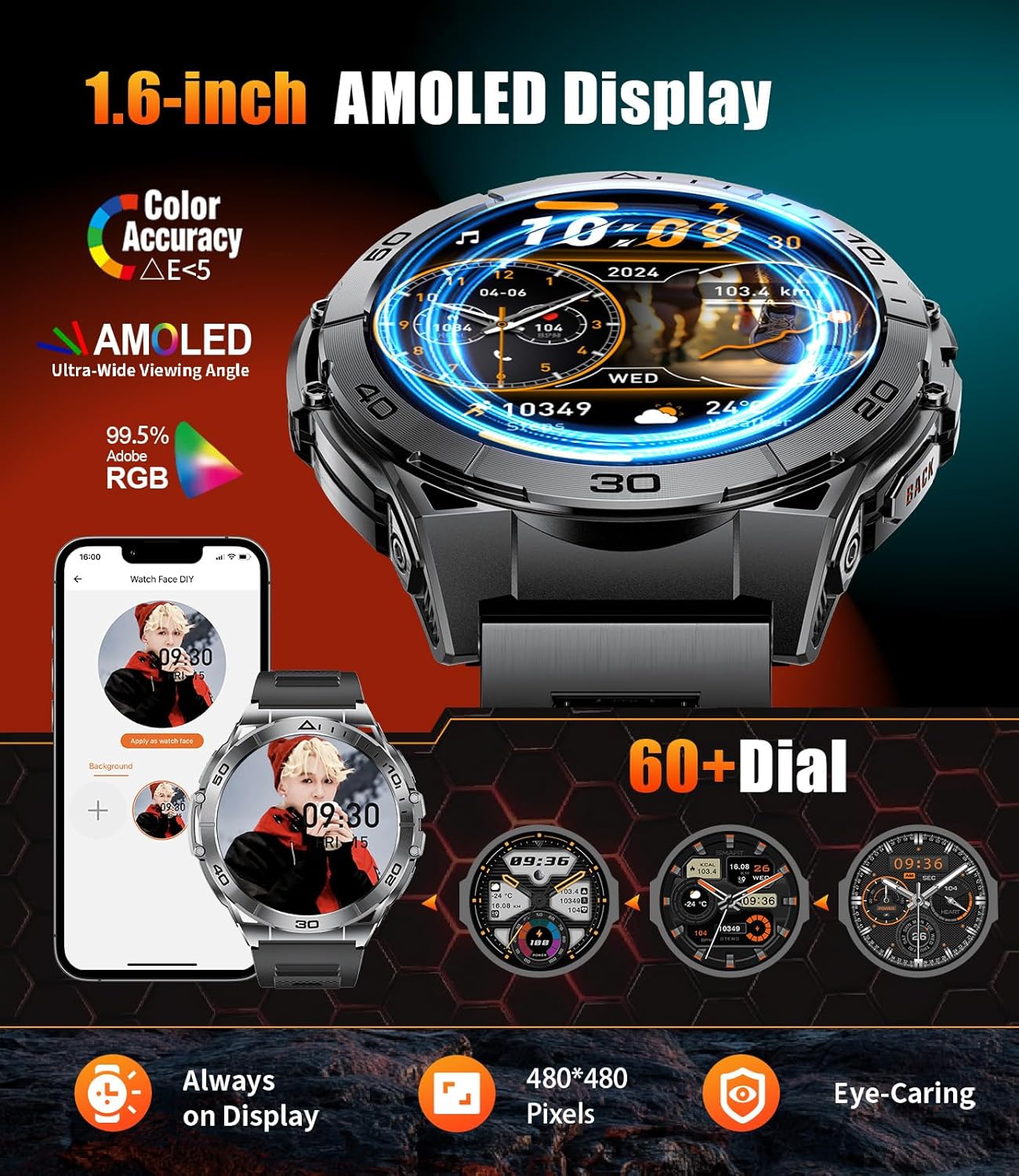 Smart Watches for Men with Flashlight,1.6" AMOLED Always on Display Outdoor Sports Smartwatch with 111 Sports modes ,Heart Rate/Sleep Monitor IP68 Waterproof Fitness Tracker for Android iOS,2 Straps