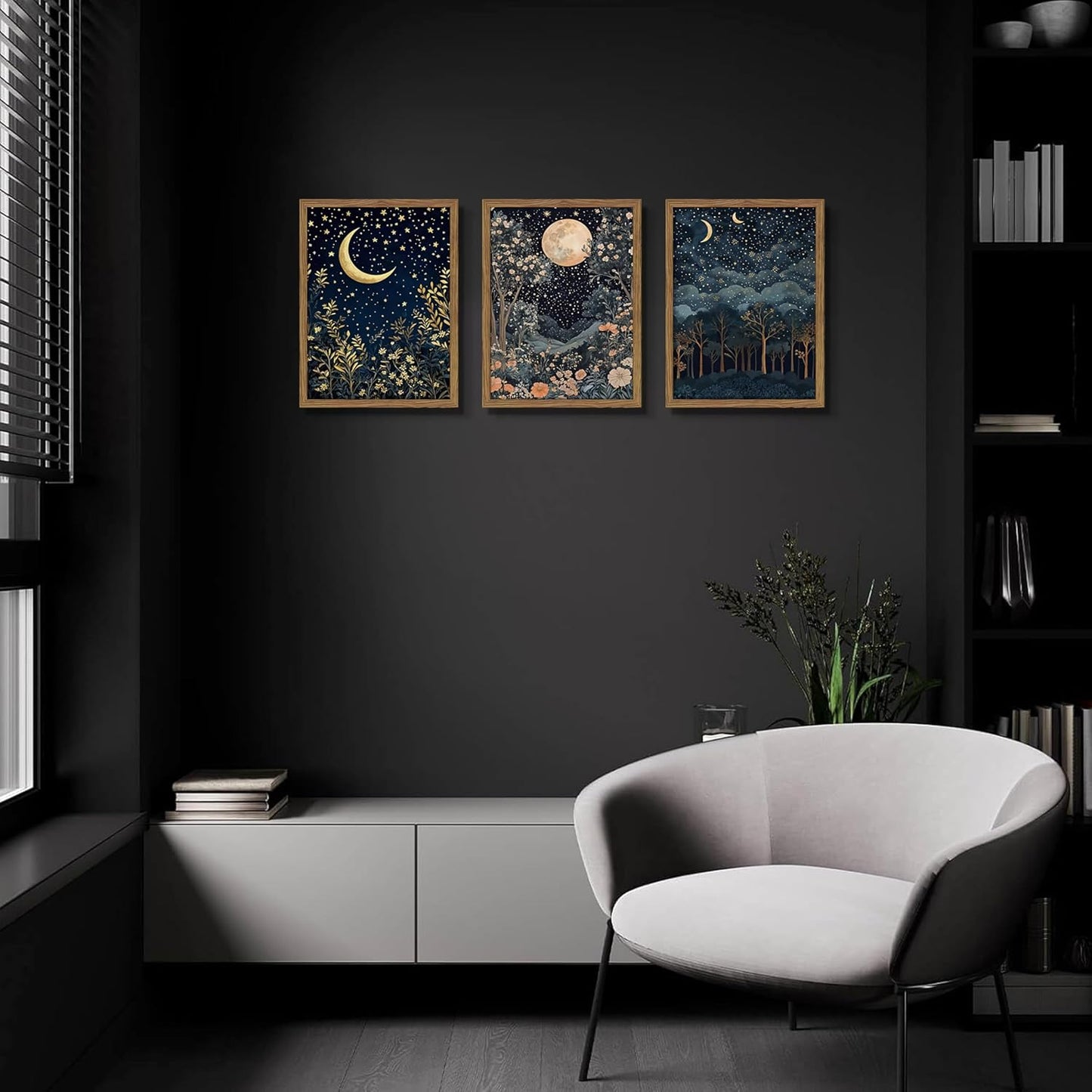 Framed Vintage Botanical Wall Art Set of 3, Nature Moon Night Sky Floral Canvas Prints, Forest Scenery Picture Painting, William Morris Farmhouse Wall Decor for Living Room Bedroom 16x24 inch