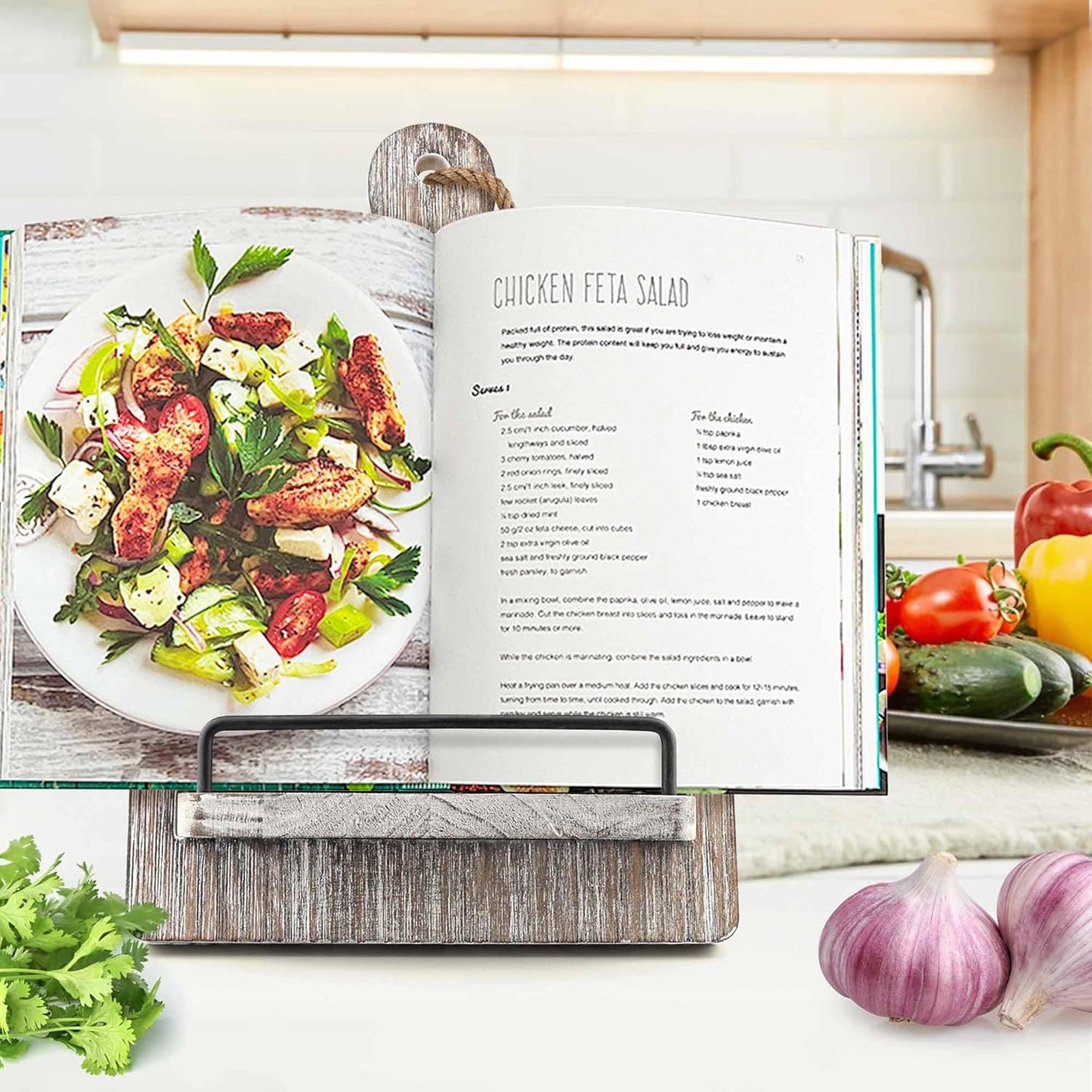 Cookbook Stand Recipe Book Stand: Cook Book Stand for Kitchen Counter, Rustic Cook Book Stand Adjustable Tablet Cookbook Holder, Wood Cutting Board Style Cooking Gift for Woman - Gray
