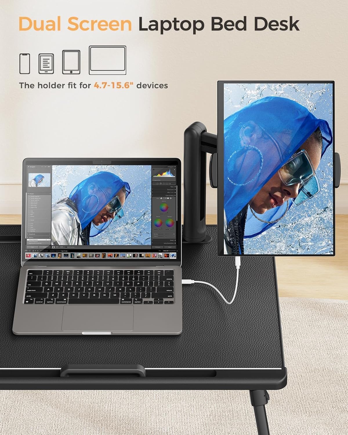 SAIJI Dual Screen Laptop Bed Desk | Foldable Adjustable Lap Desks for Adults, X-Large Couch Bed Tray Table with Portable Monitor Stand and Drawer