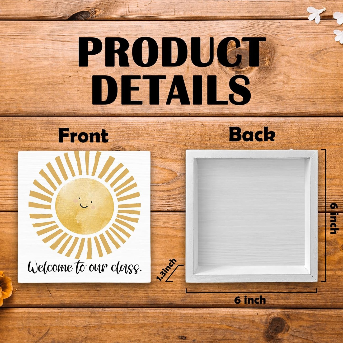 Boho Classroom Sunshine Wood Box Sign Desk Decor 8X8, Pop Smiles Rustic Welcome To Our Calss Wooden Sign Decorations for School Classroom Library Reading Nook Corner Wall Tabletop Shelf Decor