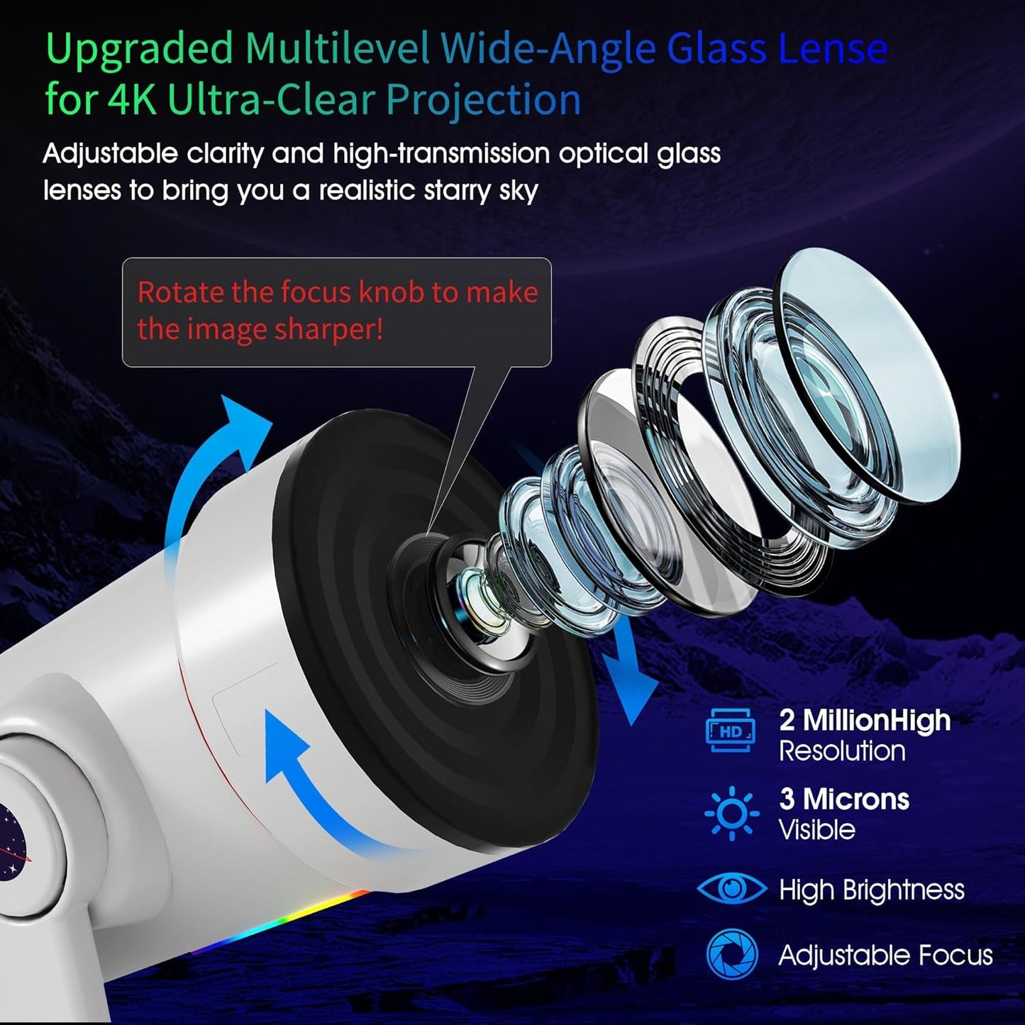 Galaxy Projector，Upgraded 4K HD Star Projector Lens, 10 Slides Image Planetarium BedRoom Lights，Ceiling Lights 360° Rotation 1/2/4Timer off &8 LED Color Night Light，for Bedroom, for Adults Kids