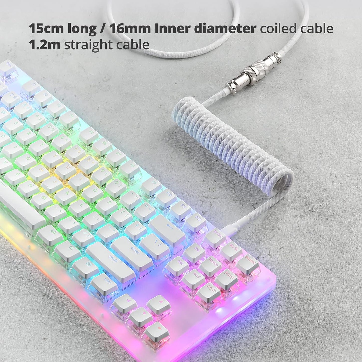 GUNMJO Pro Custom Coiled USB C Cable for Gaming Keyboard, Double-Sleeved Mechanical Keyboard Cable with Detachable Metal Aviator, 1.5M USB-C to USB-A, White Color