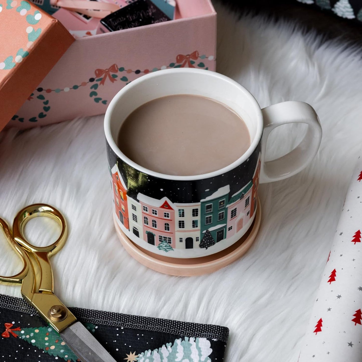 Steel Mill & Co Book Lovers Mug with Coaster/Lid, Cute Coffee/Tea Ceramic Mug with Handle for Book Club, Reading Themed Coffee Cup, Holiday Village