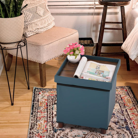 Storage Ottoman, Ottoman with Storage for Living Room Ottoman Square Tray Bedroom Cube Foot Rest Stool with Legs Small Ottomans Coffee Table Lid Foldable Footstool Faxu Leather 15"