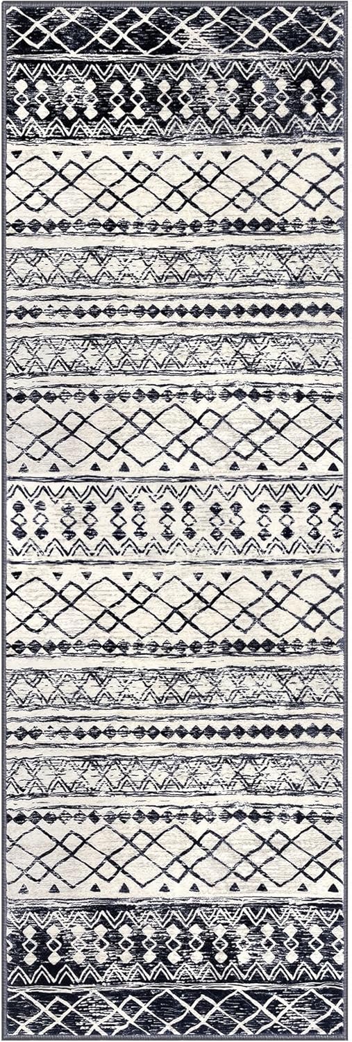 KUTA 2x6 Non-Slip Washable Runners for Hallways,Black Navy Blue Moroccan Boho Distressed Geometric Vintage Kitchen Runner, Ultra Soft Floor Mat for Entryway, Bathroom, Laundry, Living Room, Bedroom