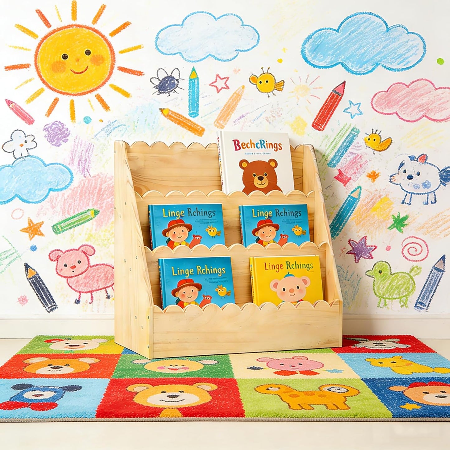 3-Tier Wooden Kids Bookshelf with Deep Storage Pockets | Montessori Bookcase for Toddlers,Nursery&Bedroom | Kids Book Storage & Toy Organizer for Children's Room (Large)