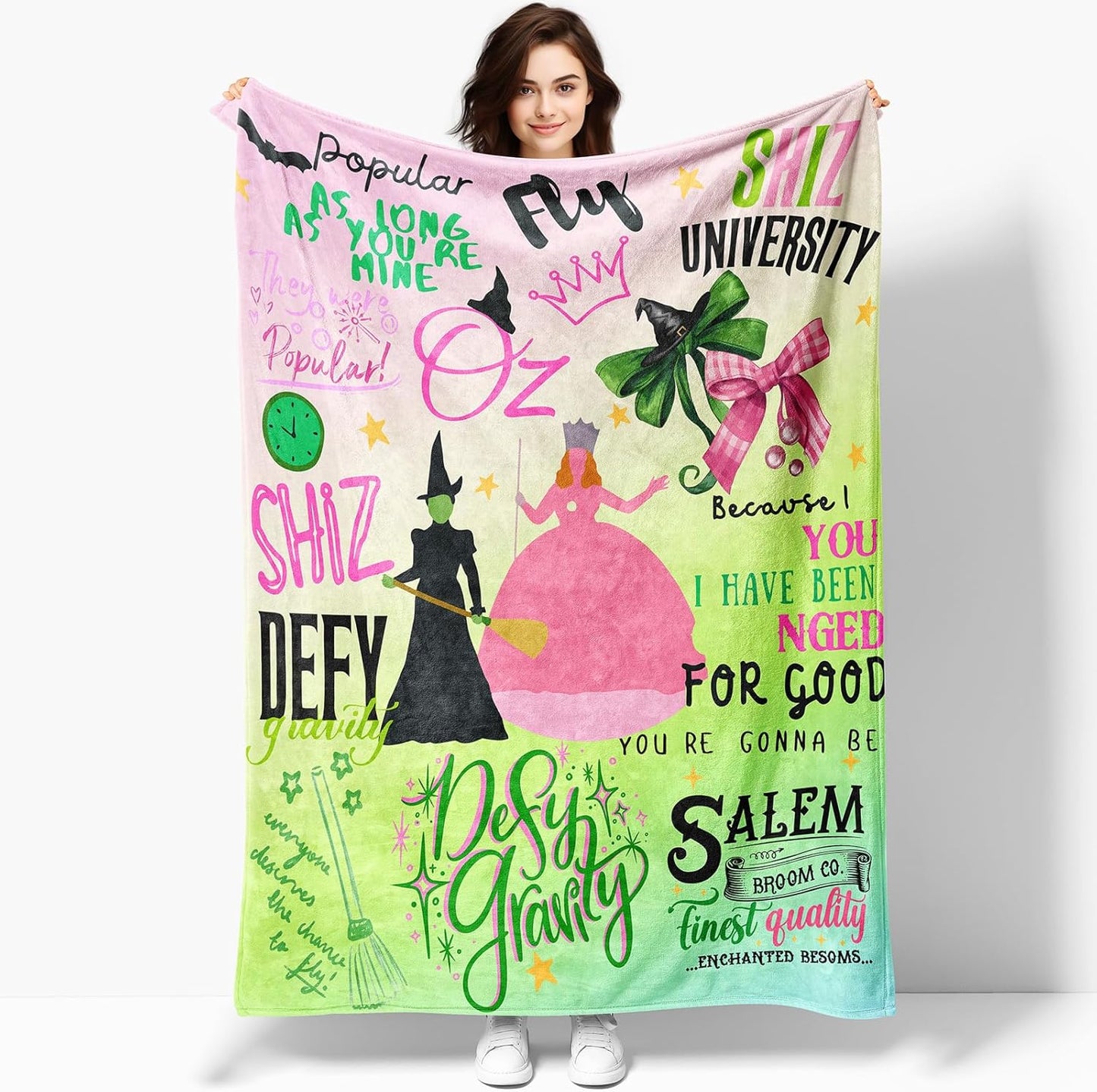 50'' x 40'' Witch Mix Green Vintage Evil Gift Queen Throw Flannel Blanket, Elphaba Hat Glinda Magic Movie Land Blanket, All Seasons Warm Cozy Soft Blanket for Sofa Bed Halloween Women Girls Fans 2