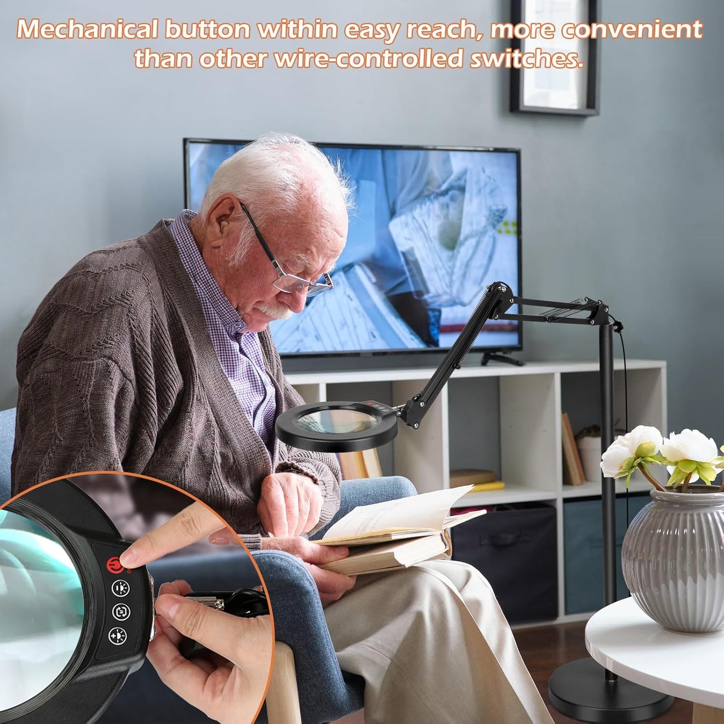 Real Glass Magnifying Glass with Light and Stand, LED 5 Color Modes, Stepless Dimmable Magnifying Floor Lamp, 3-in-1 Adjustable Swing Arm Lighted Magnifier Lamp with Clamp for Reading, Craft, Esthetic