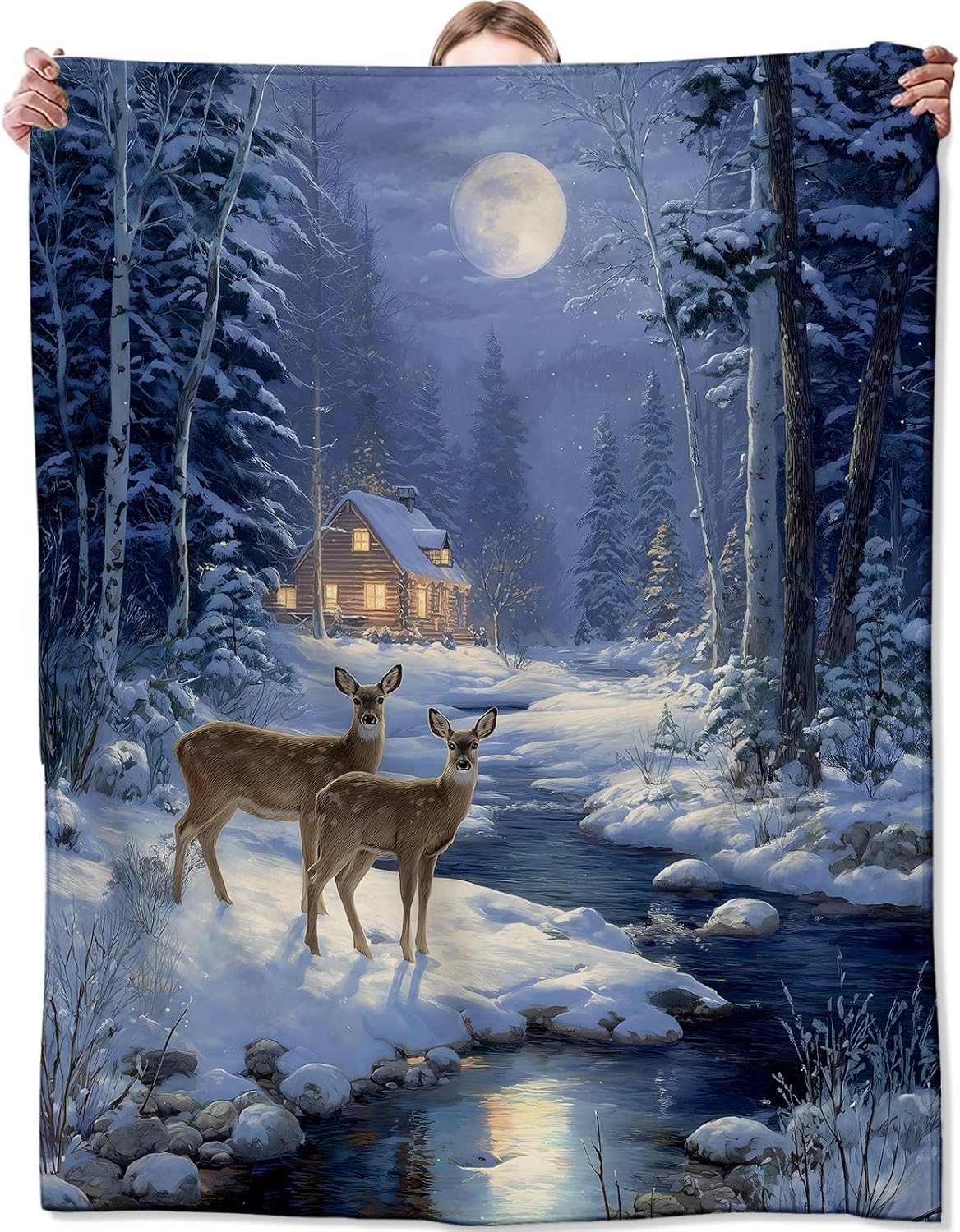 Winter Deer and Cabin Blanket,Gifts for Rustic Nature Lovers,Lightweight Flannel Throw Blankets,Forest Snowy Moonlight Throws Home Decor,for Couch Living Room Office,60x50inch