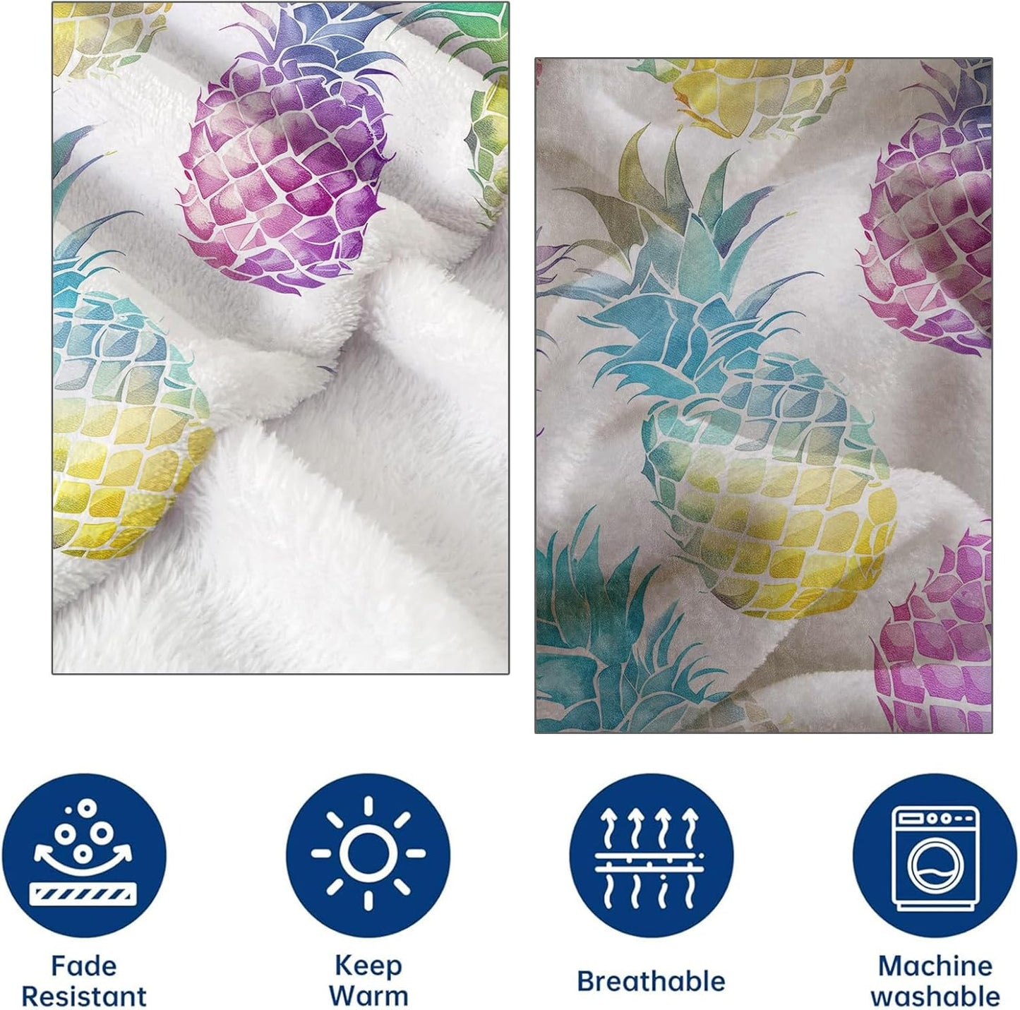 Rainbow Pineapple Flannel Throw Blanket 50x60 Inch, Colorful Watercolor Fruit Pattern Blankets Soft Cozy Fleece Throws for Food Lover Bed Sofa Dorm Living Room Summer Home Decor Gifts