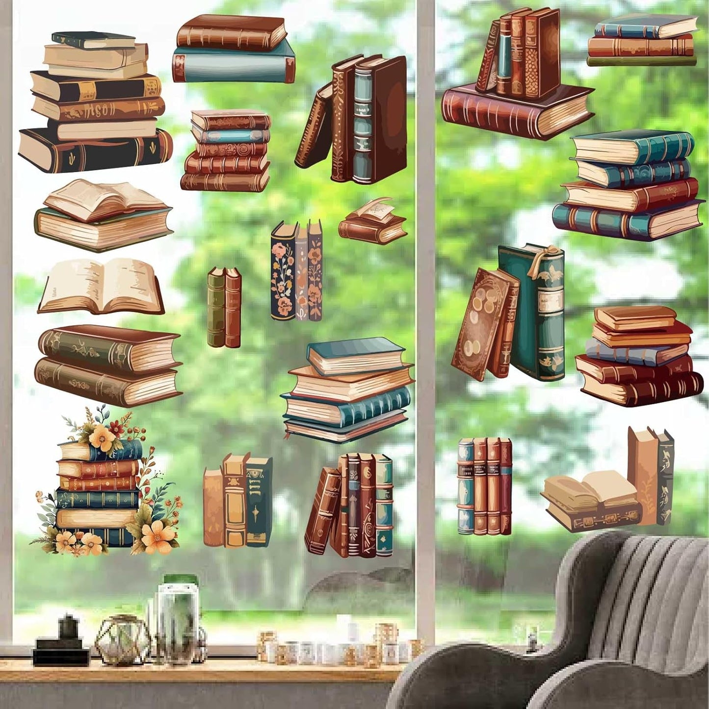 CRASPIRE 8 Sheets Boho Books Stack Window Stickers Reading Lovers Vintage Self Adhesive Clings Wall Decals Peel and Stick Vinyl PVC Waterproof Decor for Bedroom Nursery Living Room Bath Dorm