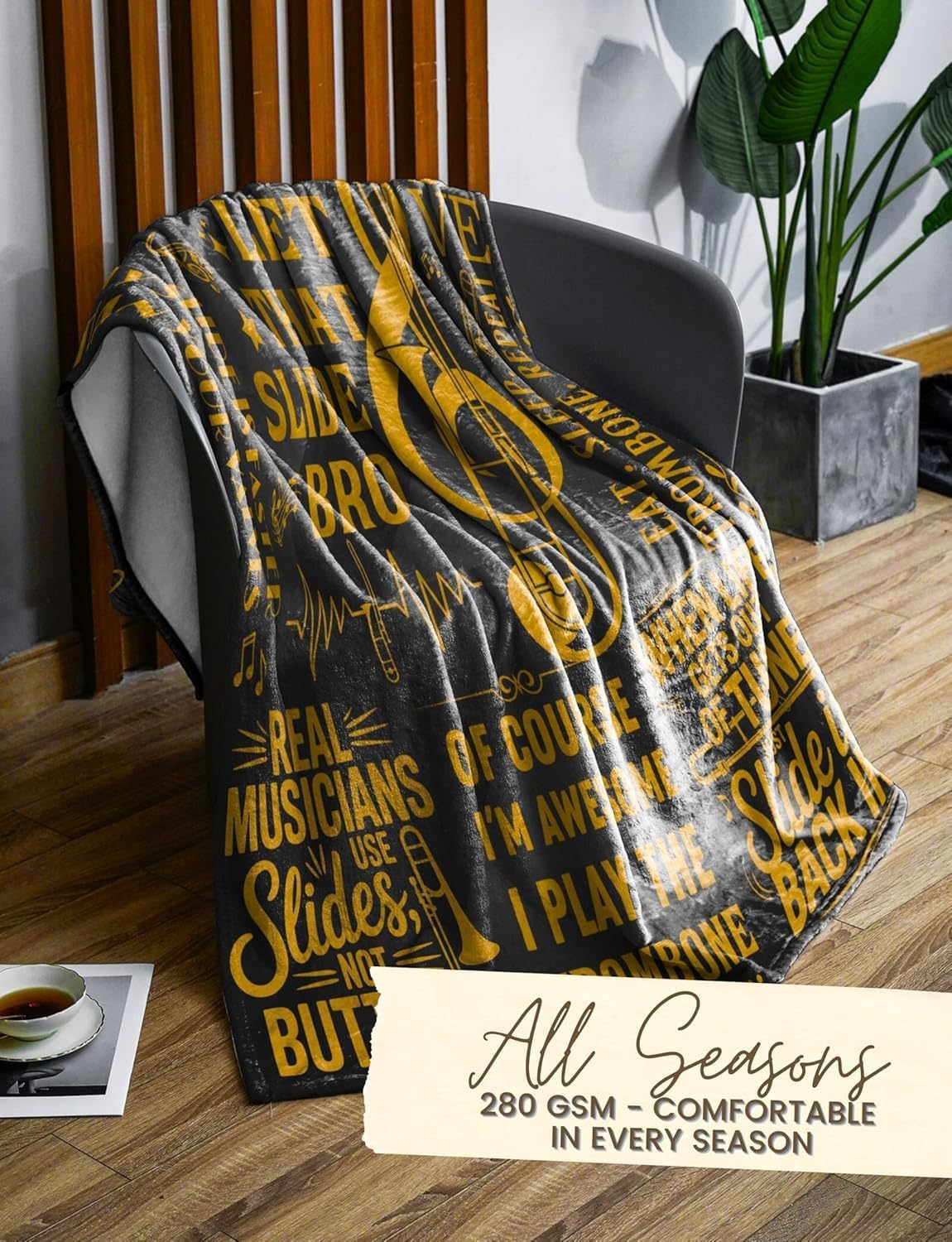 Trombone Gifts for Trombonist, Bed Flannel Plush Throw Blankets for Birthday, Christmas, Black