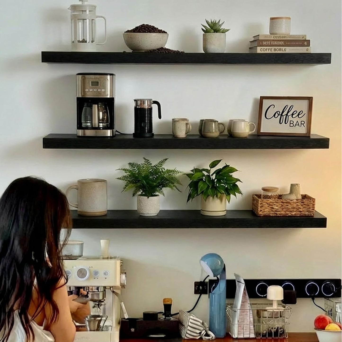 ROGMARS Black Floating Shelves for Wall,36 inch Rustic Wooden Floating Wall Mounted Book Shelves with Invisible Brackets for Living Room, Bedroom, Kitchen, Bathroom,Set of 3