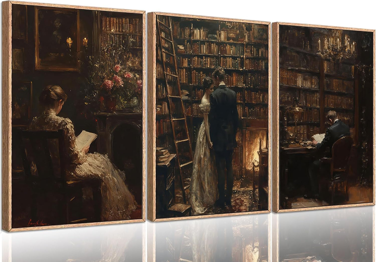 3Pcs Dark Academia Canvas Wall Art Vintage Victorian Couple Read Wall Decor Pictures Moody's Dark Library Posters Prints Gothic Lovers Paintings for Study Gallery Living Room Home Decoration Unframed