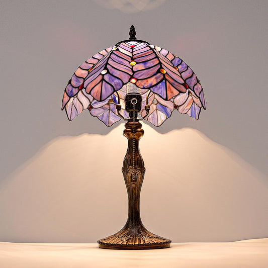 Tiffany Style Lamp, Blue Purple Stained Glass Coconut Leaf Table Lamp, Vintage Accent Reading Light Decor Bedroom Living Room Home Office W12H19 Inch