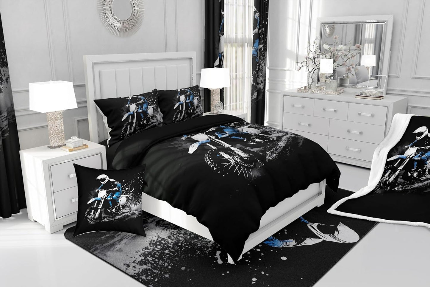 Feelyou Dirt Bike Fleece Throw Blanket Twin 60"x80" Racing Themed Sherpa Blanket Ultra Soft Racing Motocross Rider Plush Blanket for Bed Sofa Couch Motorcycle Fuzzy Blanket Motorbike Flannal Blanket