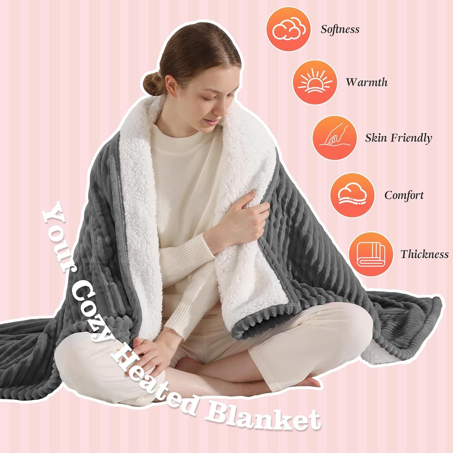 Heated Blanket Full Size Electric Blankets - Ultra Soft Warming Blanket for Bed with Fast Heating and Overheat Protection, 5 Heat Settings & 10hr Auto-off, Washable Heated Blanket FCC Certified (Grey)