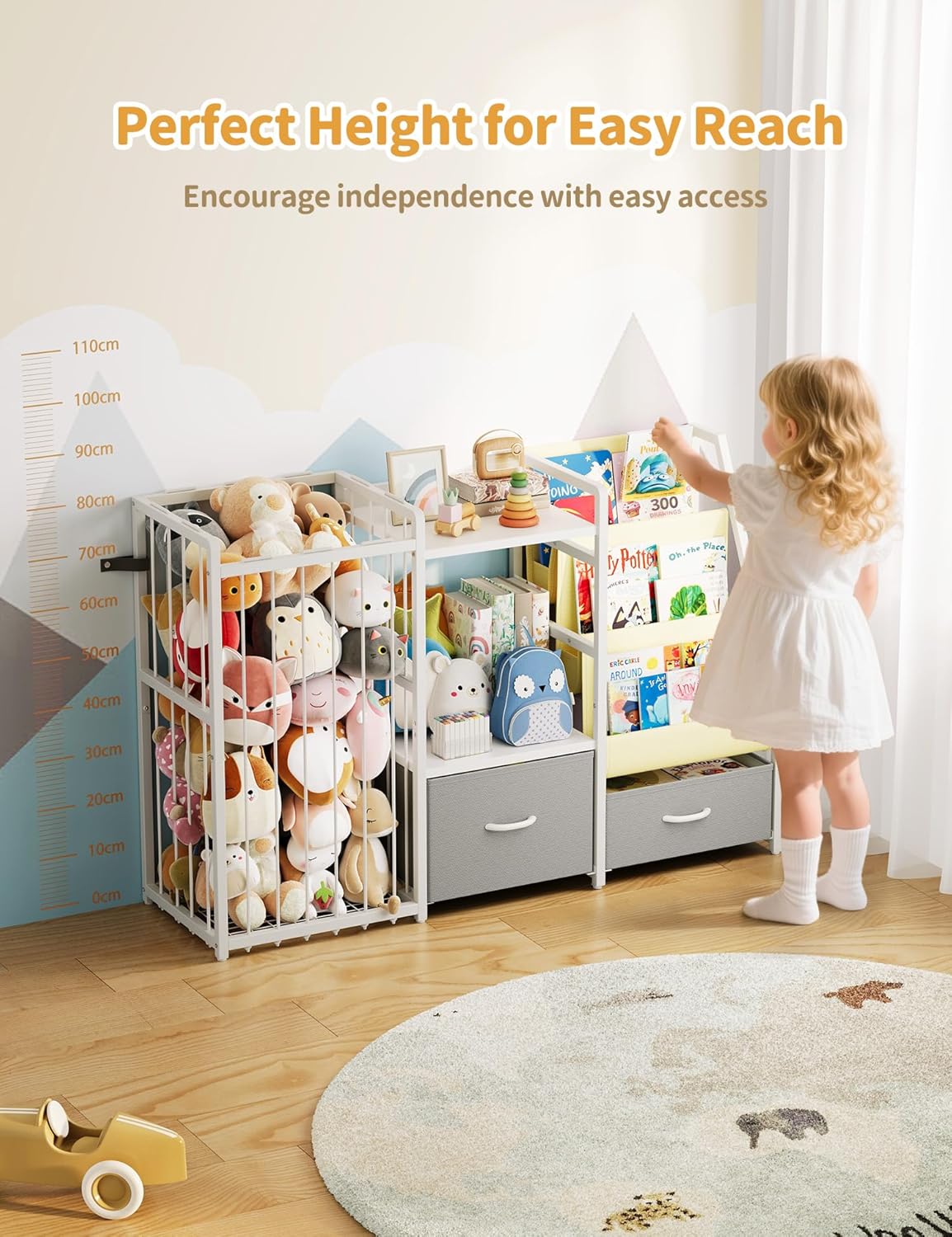 Kids Bookshelf and Toy Storage, Large 3 Tier Book Shelf for Kids Rooms, Sling Baby Bookcase with Stuffed Animal Storage, Toddler Montessori Bookshelf for Nursery, Playroom, Kindergarten