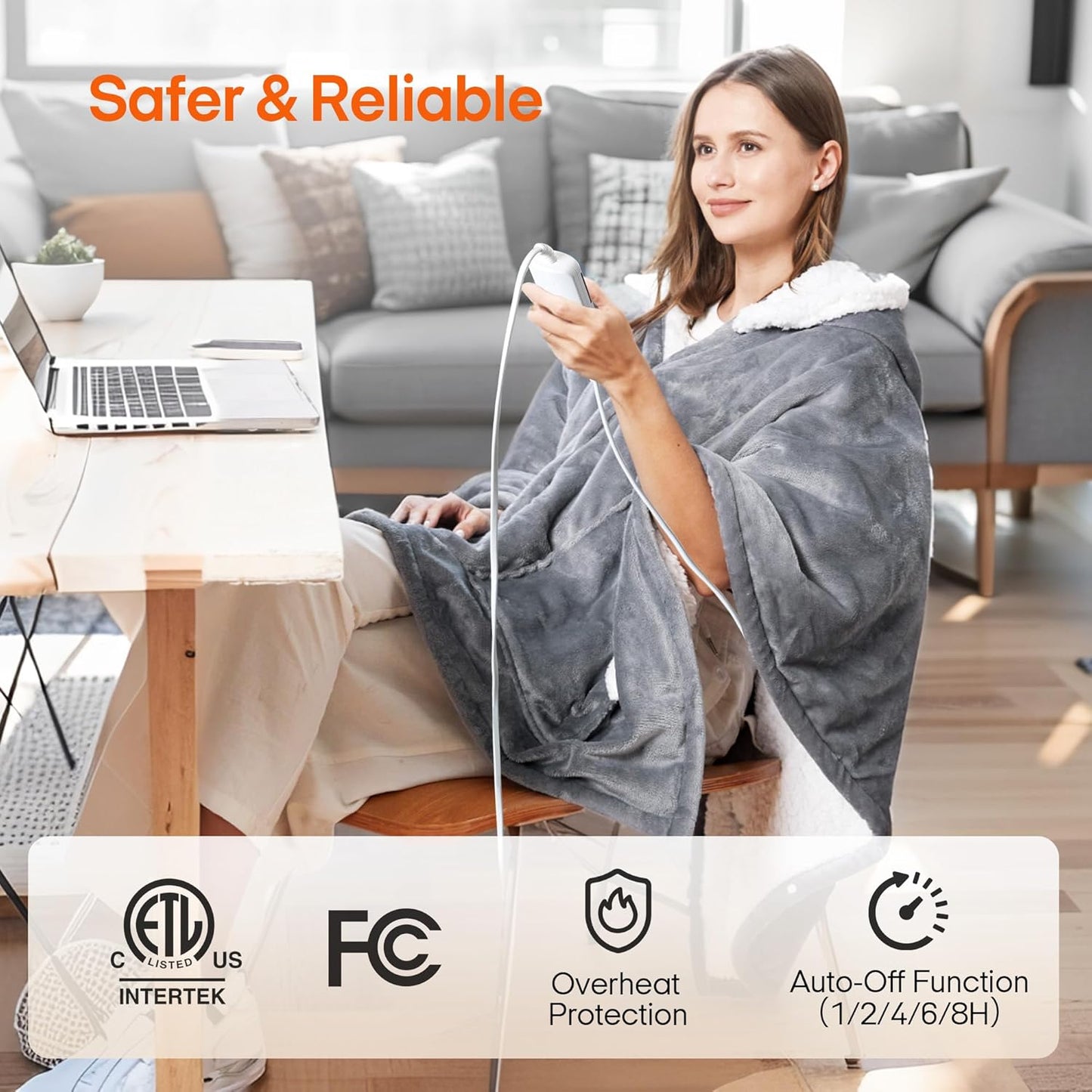 UNIKOME Wearable Heated Throw Blanket Electric Shawl，Christmas Birthday Gifts for Grandma,Mom,Elderly Women,Heated Robe Hoodie with 10 Heating Levels & 1-8 Hours Time Settings,50 x 60 Inch, Grey