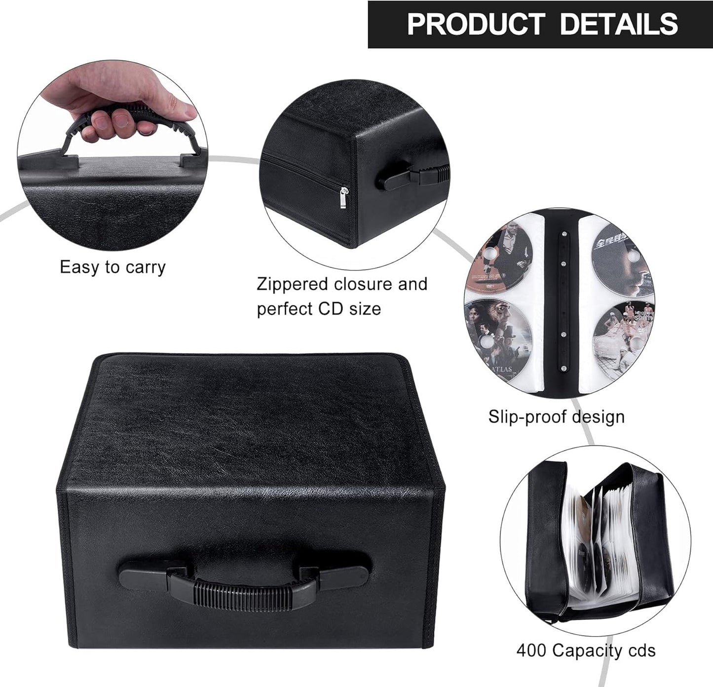 Black Leather CD Case, 400 Capacity CD/DVD Storage Organizer, Portable & Durable