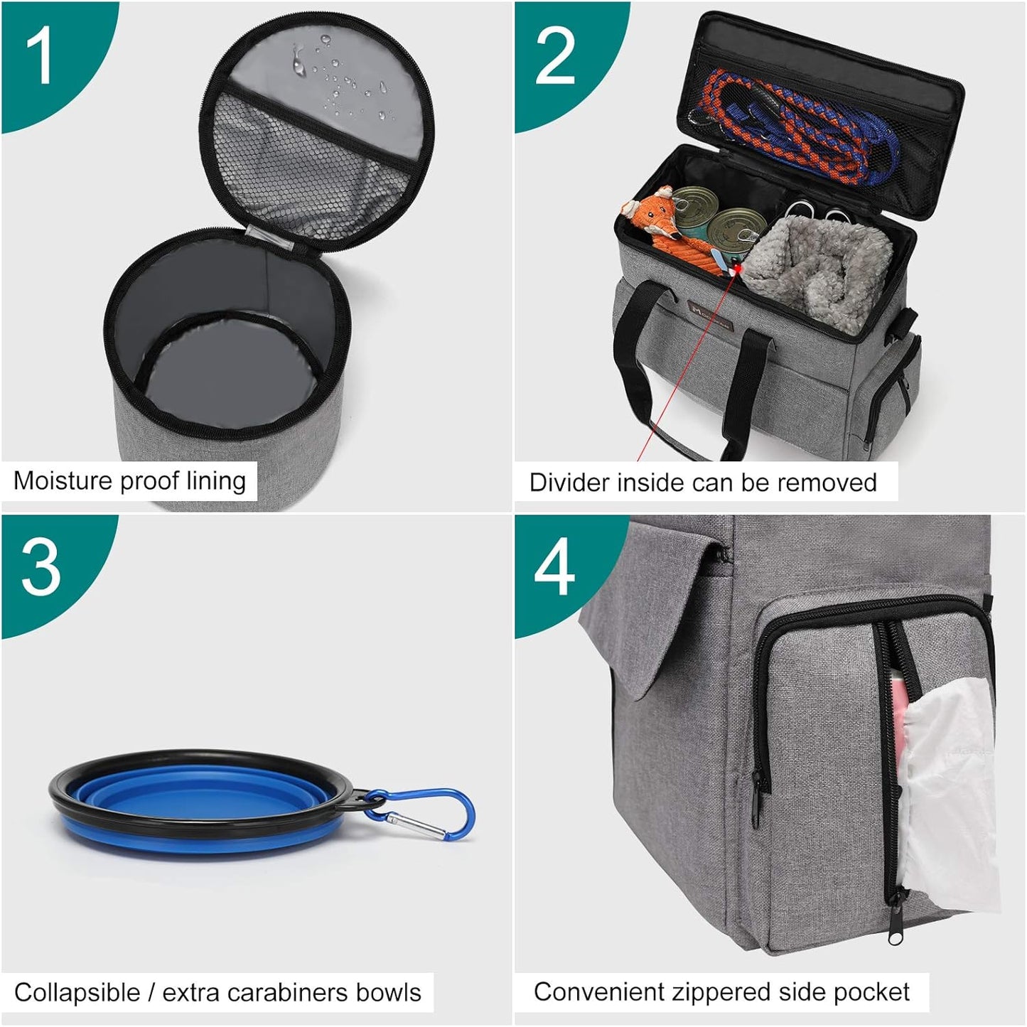 Modoker Dog Travel Bag, Weekend Pet Travel Set for Dog and Cat, Airline Approved Tote Organizer with Multi-Function Pockets, 2 Food Storage Containers, 2 Collapsible Bowls, 1 Feeding Mat (Grey)