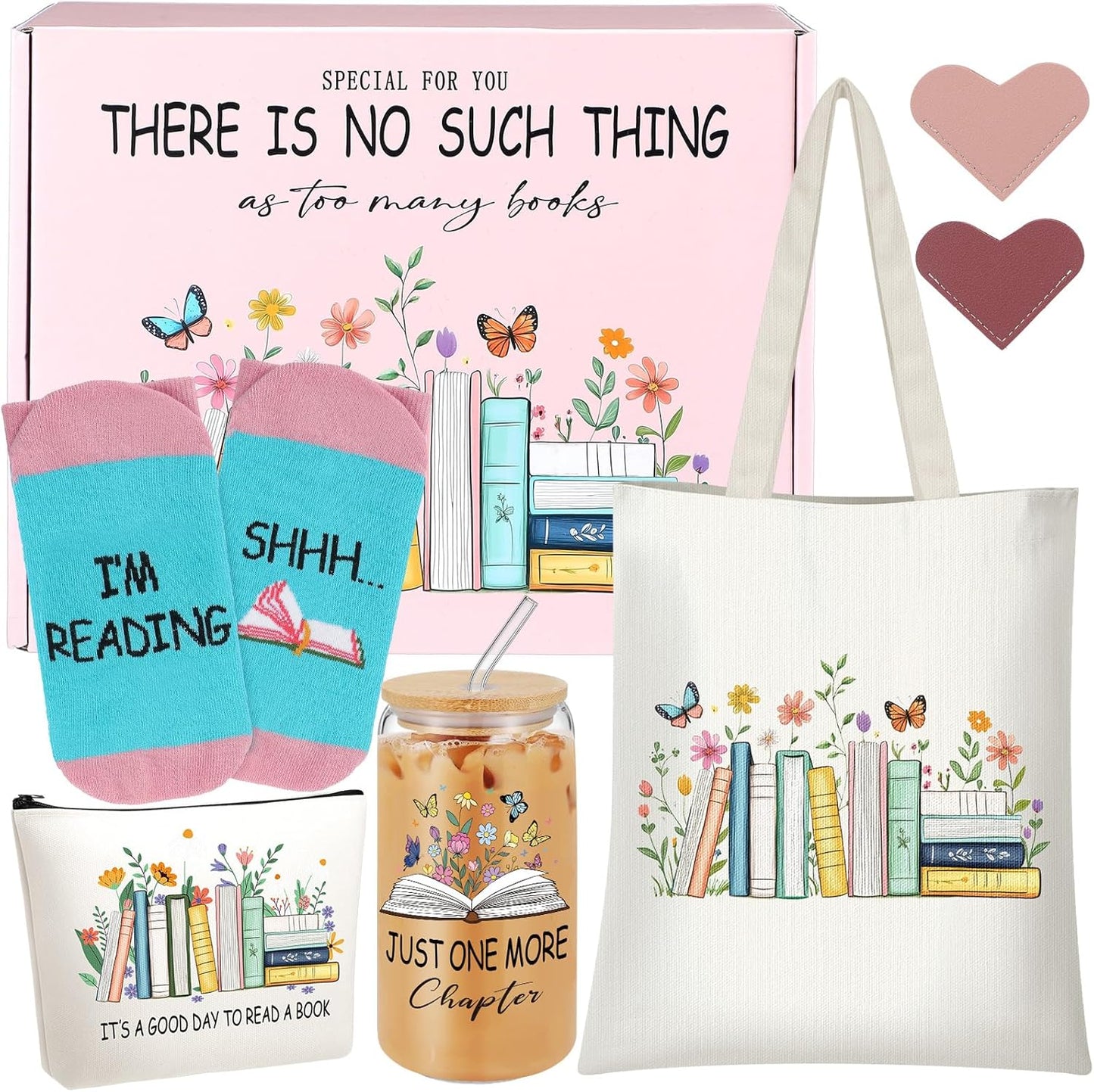 Book Lover Gifts Set for Women Bookish Gifts Include Reading Canvas Tote Bag Cosmetic Bags Novelty Socks Leather Heart Bookmarks 16 oz Glass Tumbler for Librarian Bookish Readers Teacher