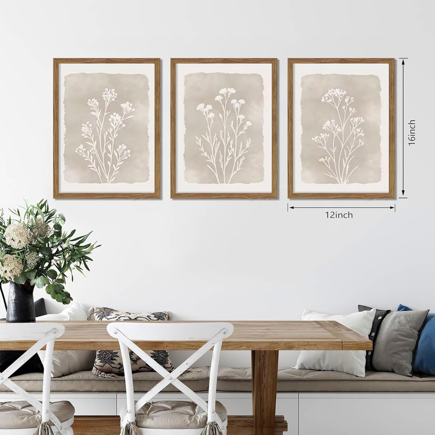 Framed Boho Botanical Flower Wall Art Set of 3, Vintage Minimalist Neutral Floral Wall Decor Paintings, Rustic Farmhouse Wildflower Artwork Prints Picture for Living Room Bedroom Bathroom 12x16 Inch