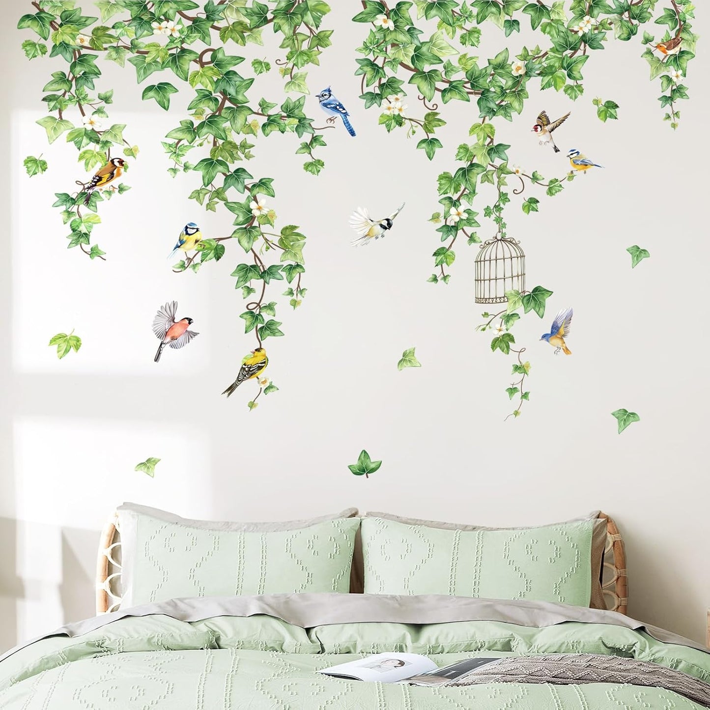 decalmile Spring Hanging Vine Wall Stickers Birds Green Plants Leaves Wall Decals Living Room Bedroom TV Background Wall Decor