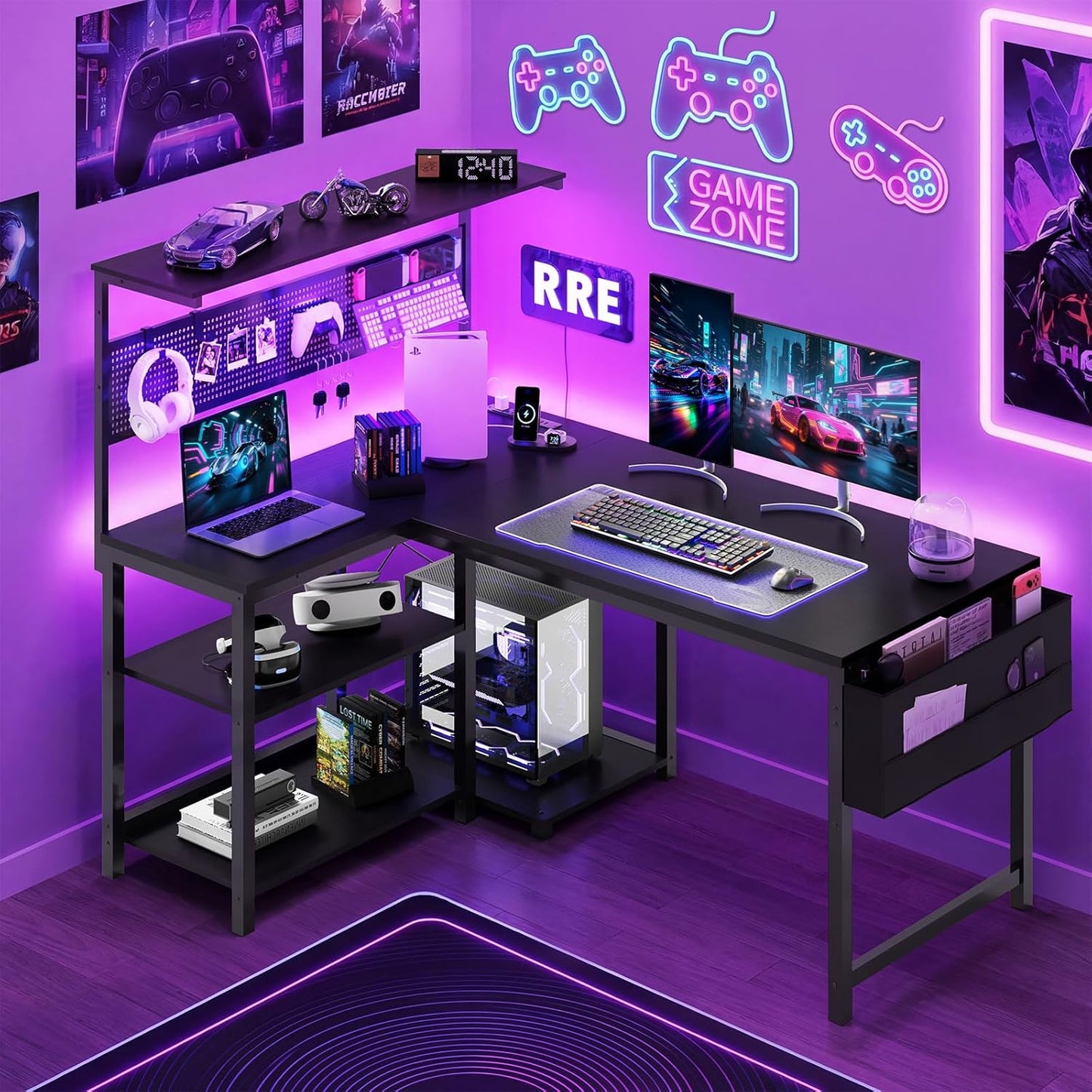 Apicizon L Shaped Desk Gaming Desk with LED Light & Power Outlet, 48 Inch Reversible Computer Desk with Pegboard & Shelf & Storage Bag for Home Office, Black