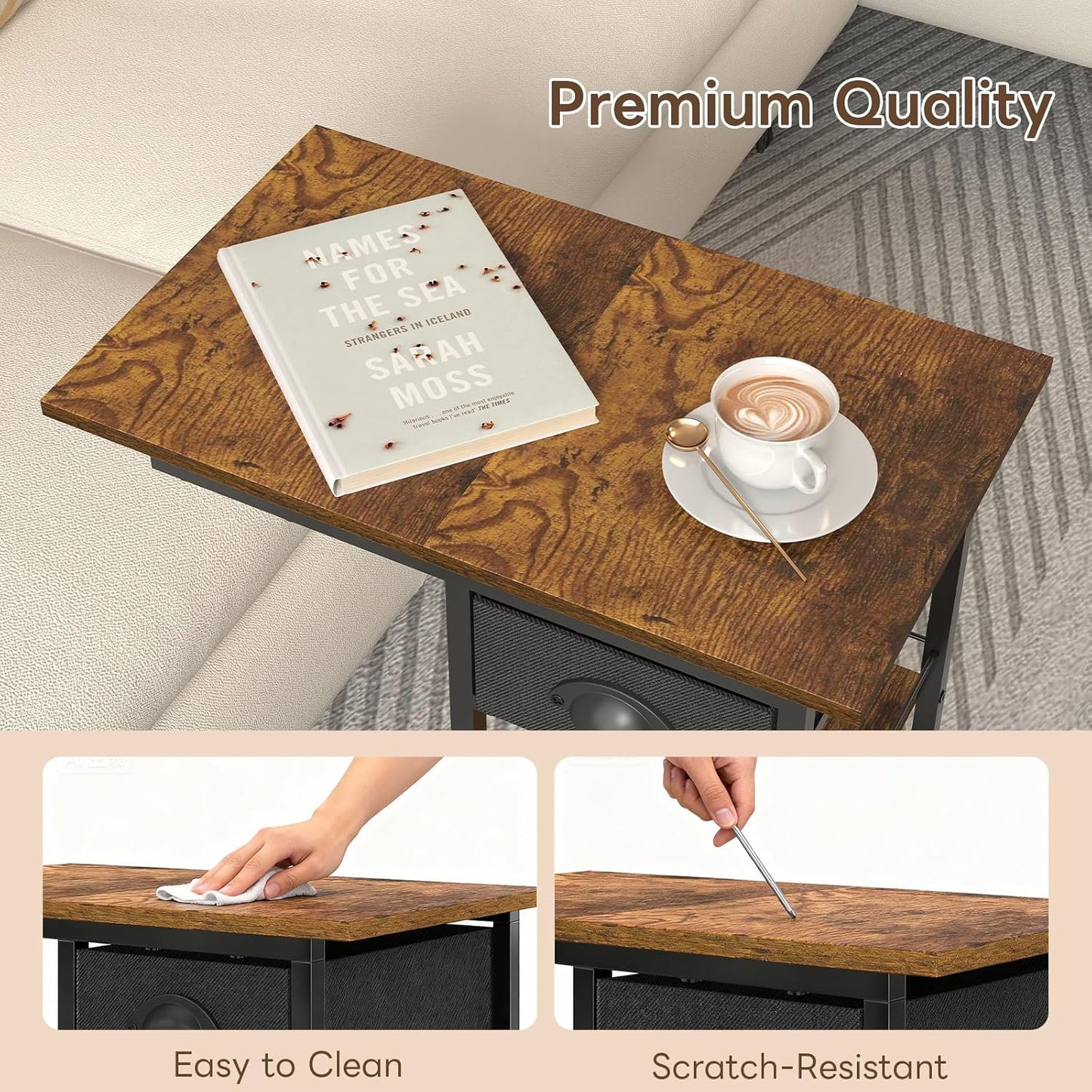 3-Tier C-Shaped End Table with Drawer — 360° Rotation, Wheels, Space-Saving TV Tray for Living Room / Bedroom