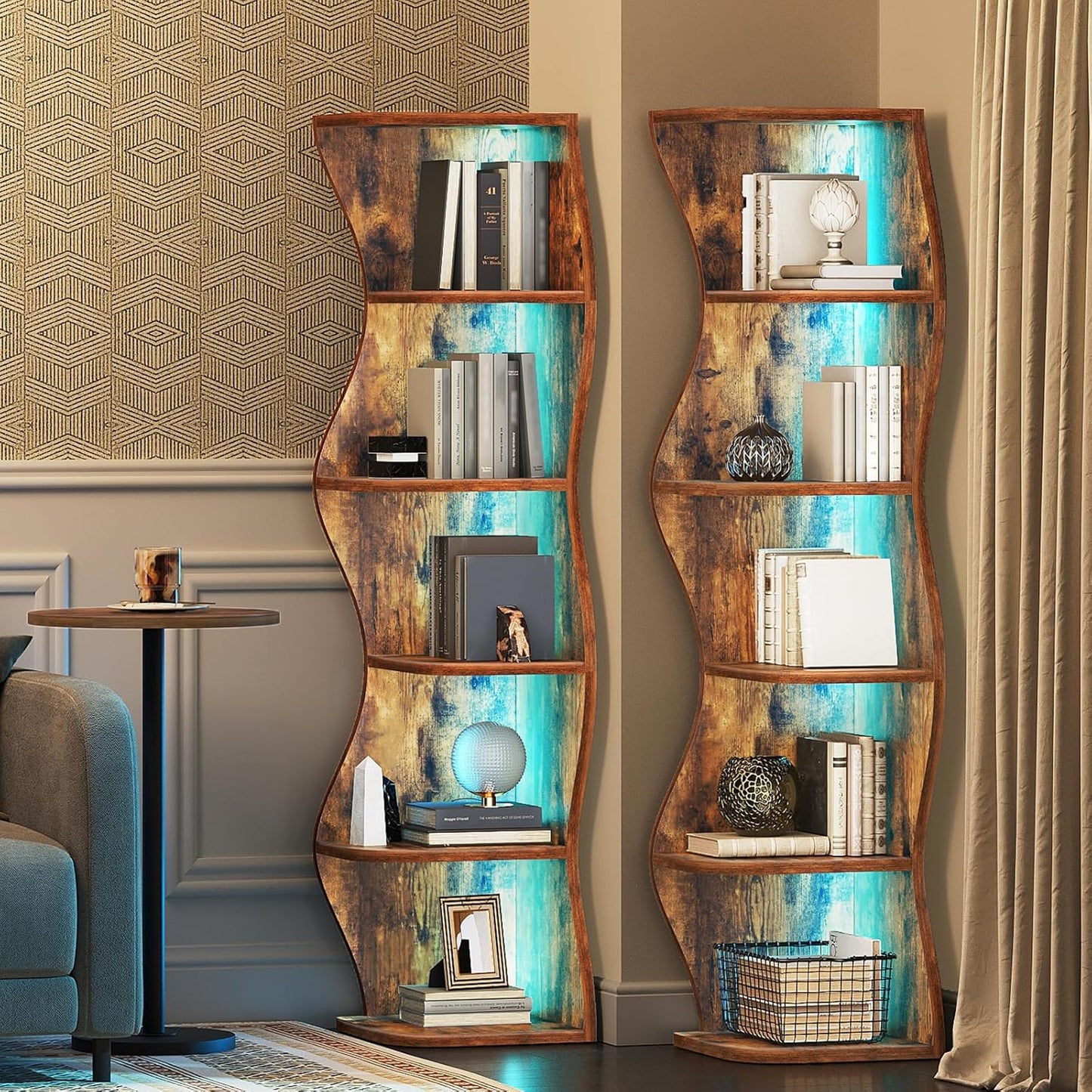 6-Tier Corner Bookshelf with LED Light — 59.3 in Tall, Wooden, Rustic Brown